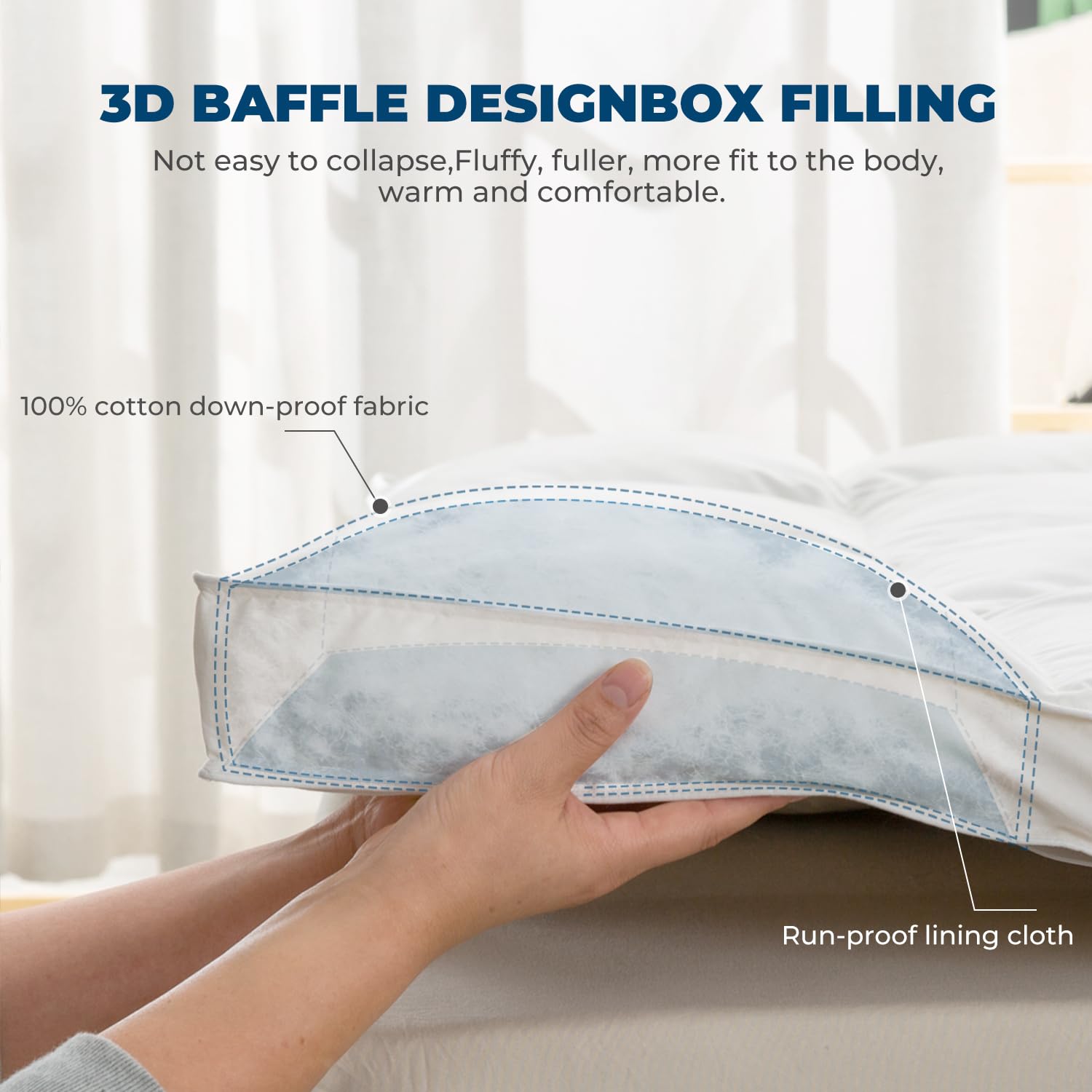 Premium Goose Down Feather Mattress Topper - Plush Soft & Fluffy Baffled Pillowtop with Secure Straps - All Season Comfort for Full Size Bed (54