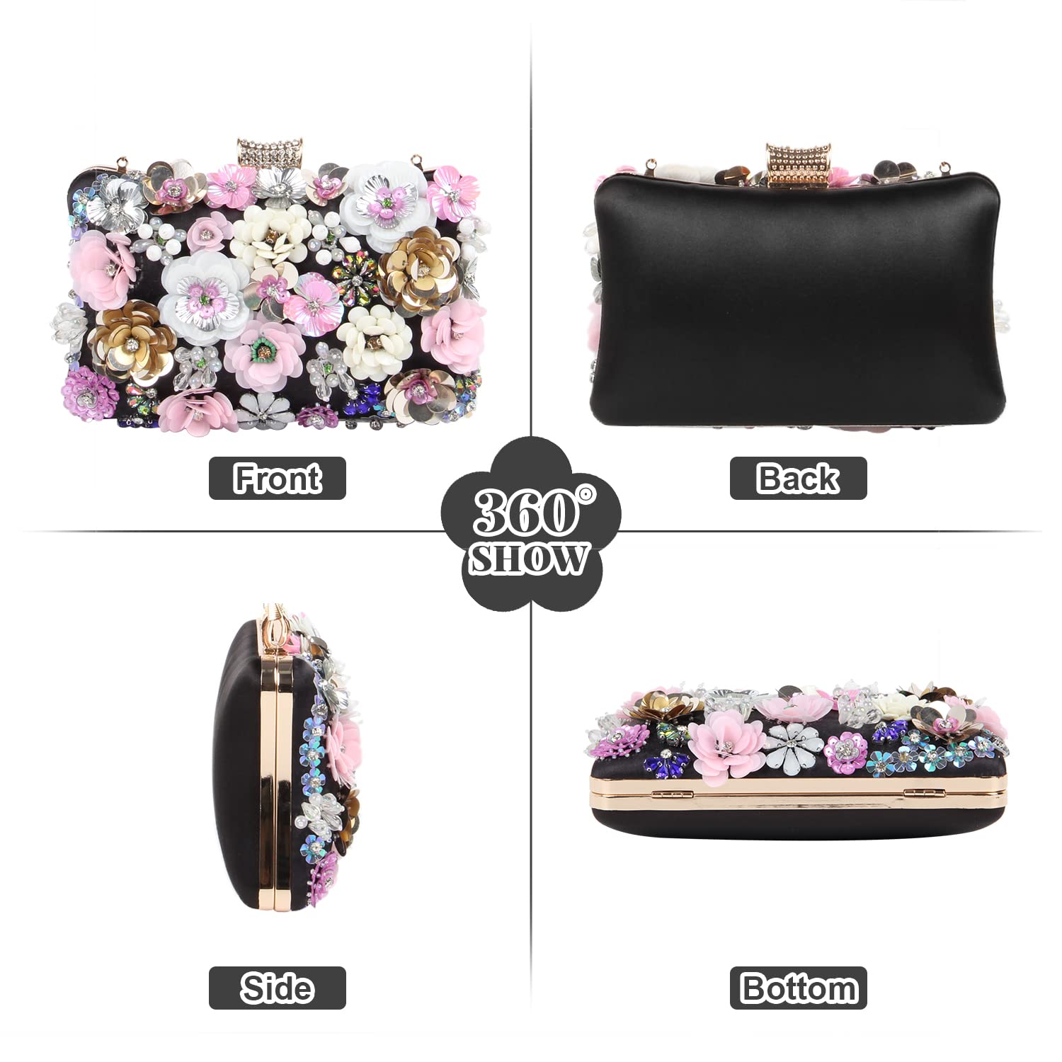 Stylish Women's Floral Evening Handbags with Rhinestones - Elegant Clutch Purse for Bride, Wedding & Party - Chain Shoulder Bag for Special Occasions | Perfect for Prom, Cocktail Events & Formal Gatherings