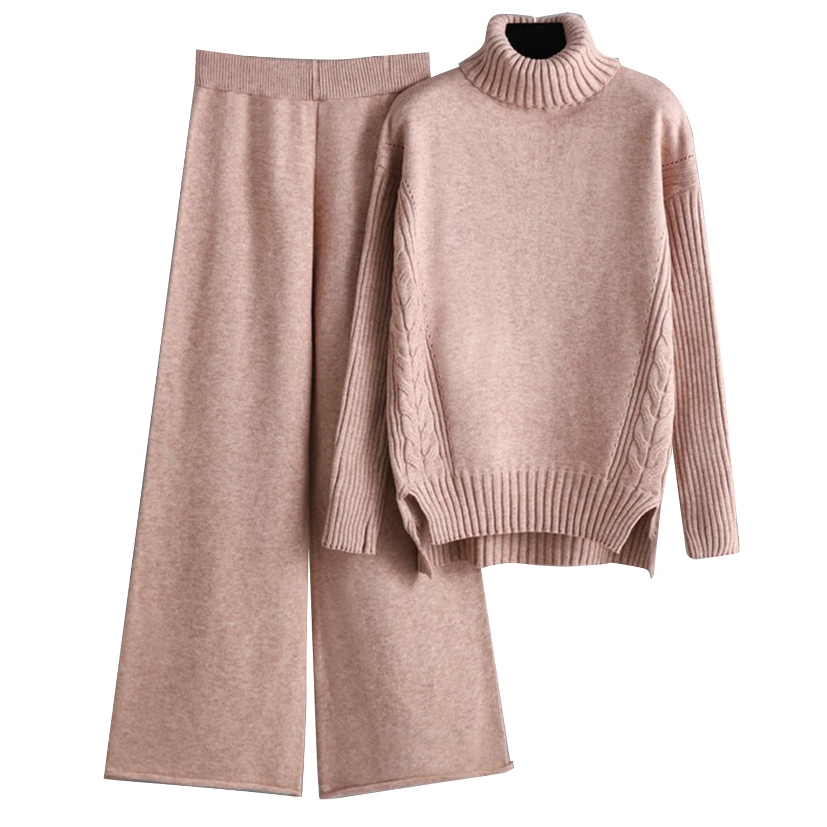 Flygo Women's Knit 2 Piece Outfit - Wide Leg Pants & Turtleneck Sweater Set, Lounge Sweatsuit for Women, Cozy Winter Loungewear for Home, Office & Travel