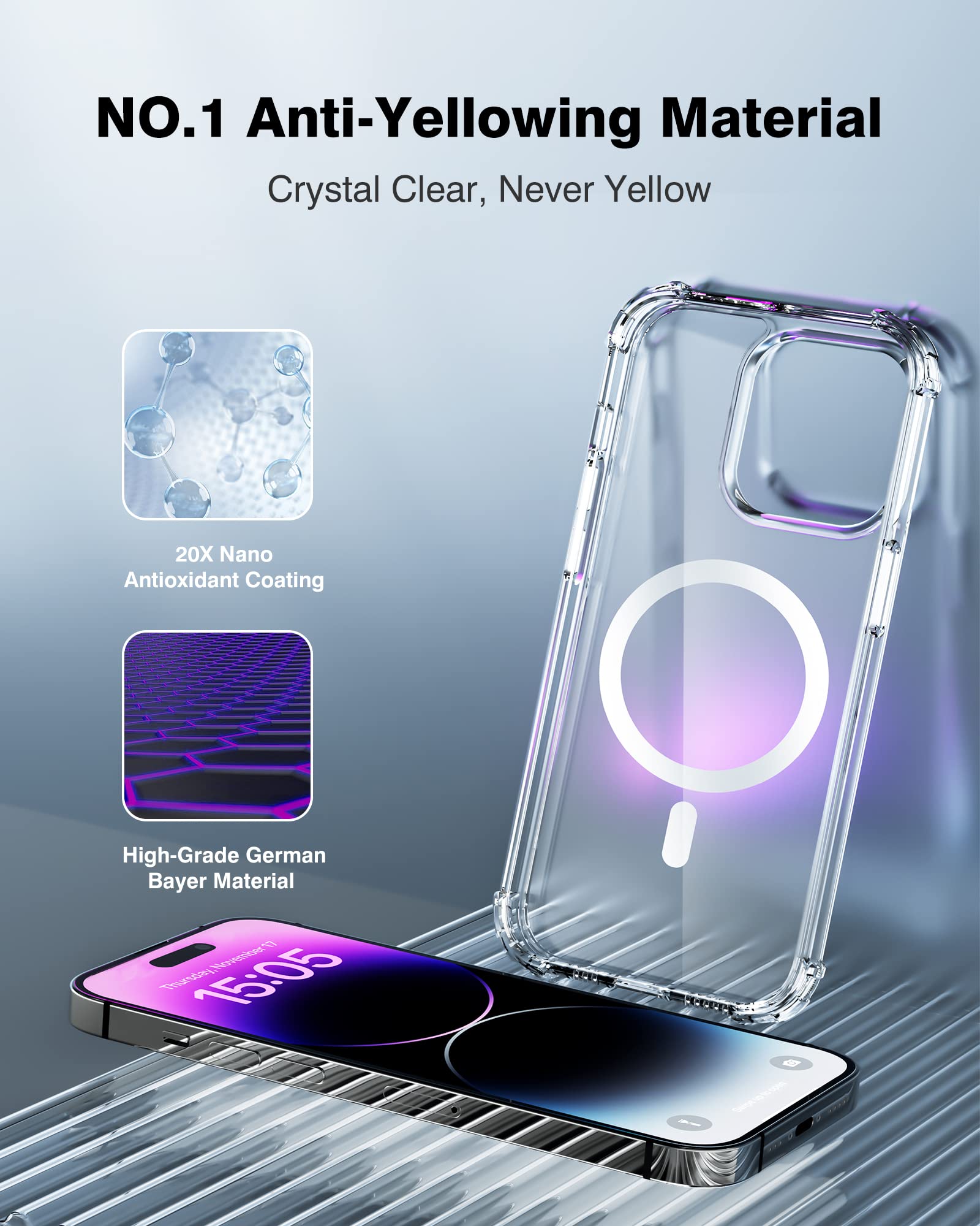 iPhone 14 Clear Magnetic Case with Military-Grade Protection | MagSafe Compatible | Built-in Finger Ring Grip & Stand Holder | Midnight Black | Perfect for Hands-Free Viewing & Secure Grip