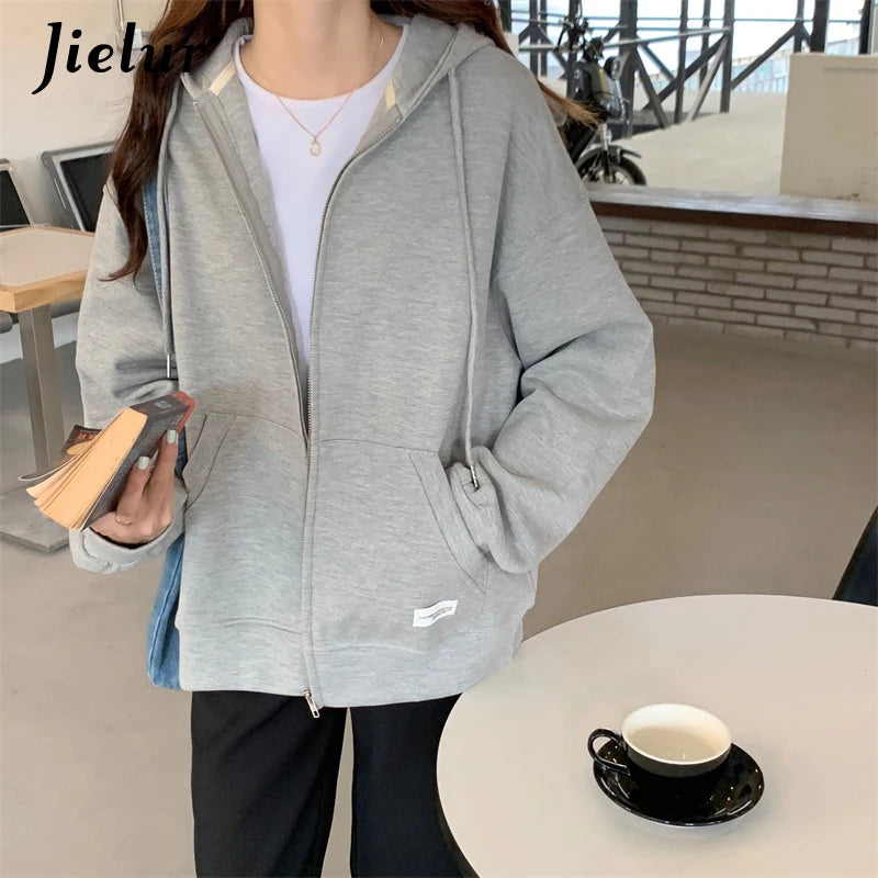 Women's Autumn Zip Up Hoodie - Casual Streetwear Loose Fit Thin Blue Gray Apricot Sweatshirt with Pocket | Cozy Fall Outerwear for Everyday Wear, Travel & College Campus Fashion