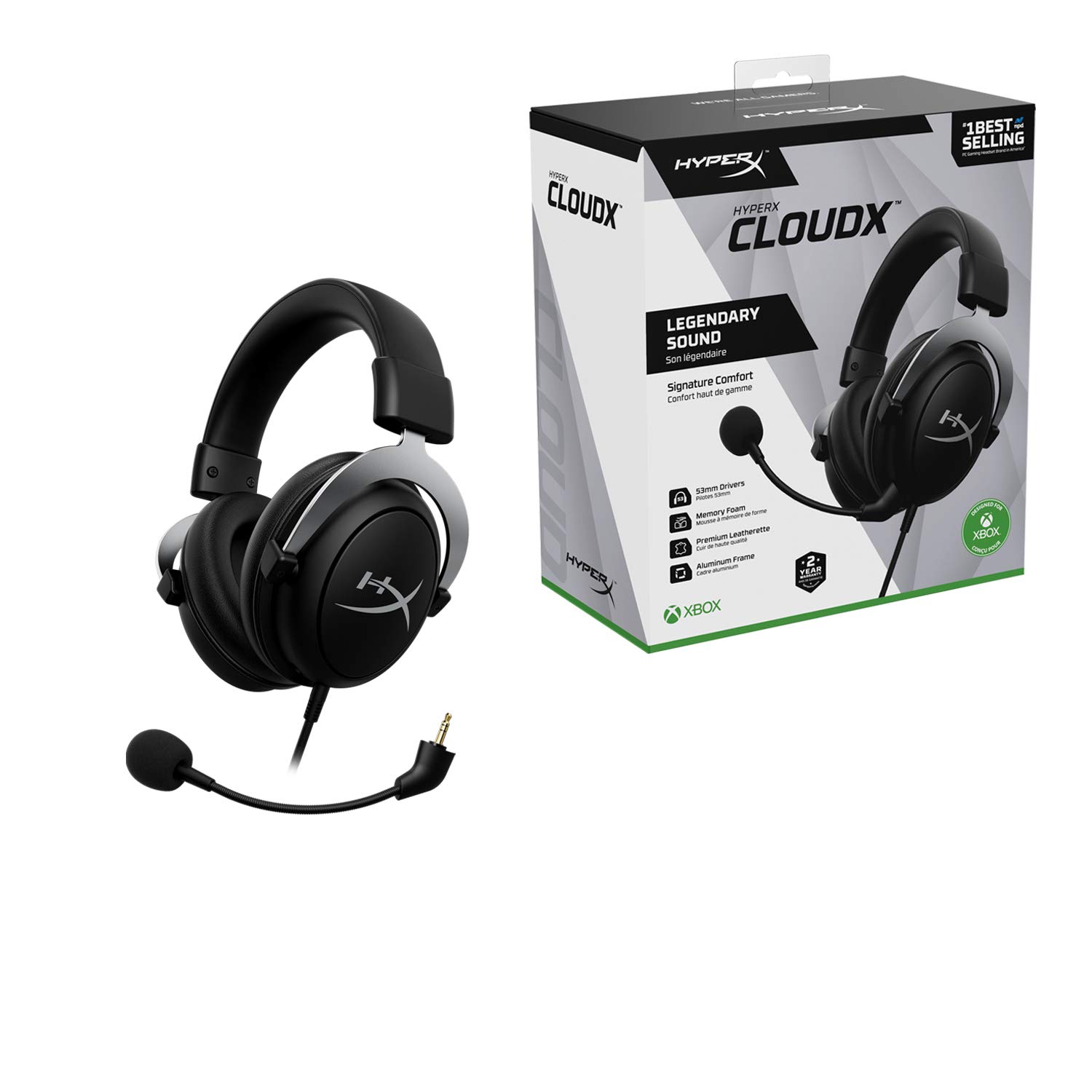 HyperX CloudX Official Xbox Licensed Gaming Headset - Compatible with Xbox One & Series X|S - Memory Foam Ear Cushions - Detachable Noise-Cancelling Mic - In-line Audio Controls - Black/Silver - Perfect for Competitive Gaming & Immersive Xbox Experience