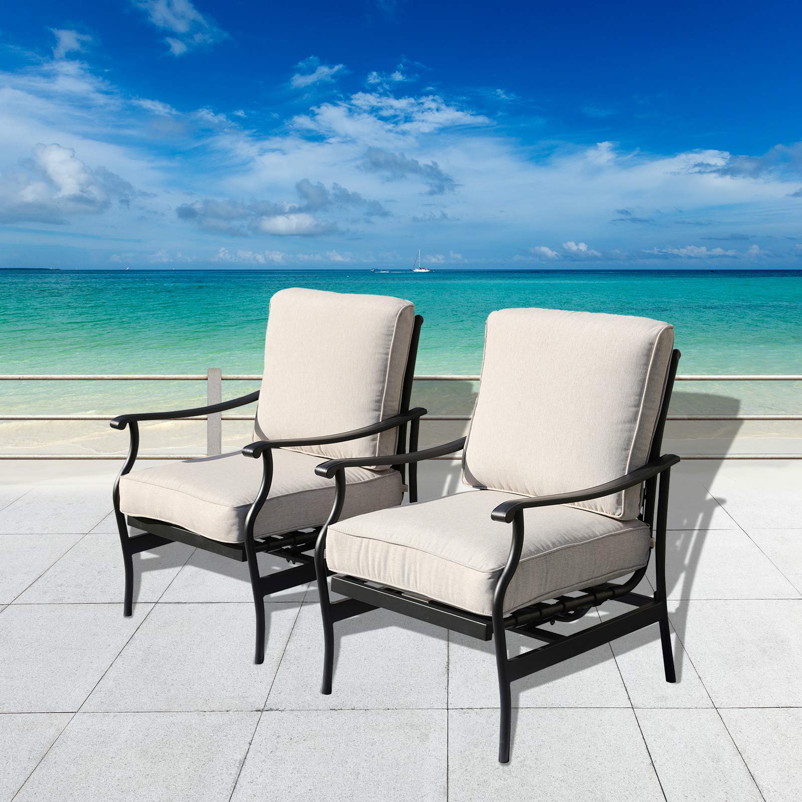 Premium Outdoor Patio Bistro Armrest Chairs with Cushions Set - 2-Piece Metal Frame Garden Dining Furniture with Thick Soft Beige Fabric Cushions for Backyard, Poolside & Restaurant Seating