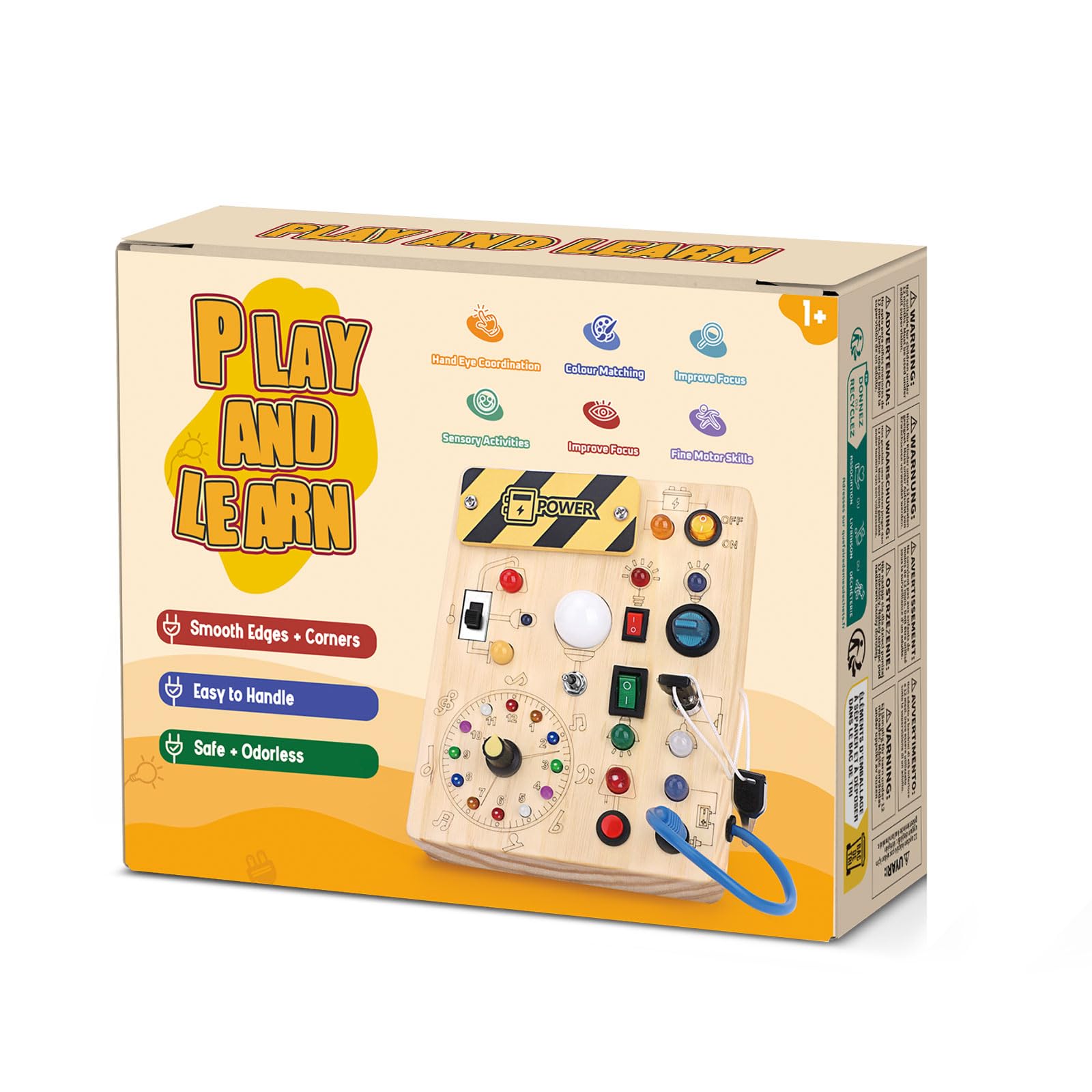 Montessori Busy Board for Toddlers 1-3 Years - Wooden Sensory Travel Toy, Educational Learning Activity Board - Perfect Gift for 1+ Year Old Boys & Girls (Busy Board Plus V2, Medium, Yellow) - Ideal for Airplane Travel, Car Rides & Home Playtime
