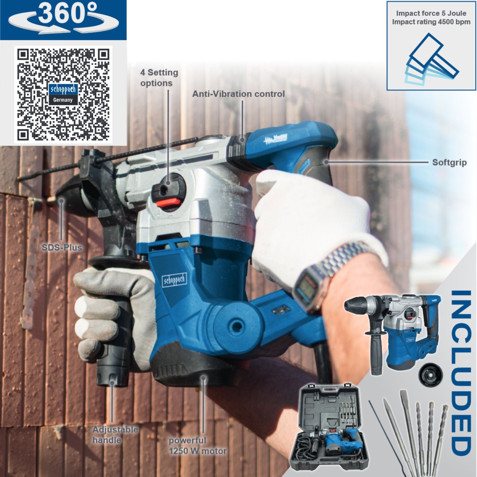 Scheppach DH1300PLUS 1300W Heavy Duty Hammer Drill with 32-Piece Accessory Kit - Perfect for Masonry, Concrete Drilling & DIY Home Improvement Projects