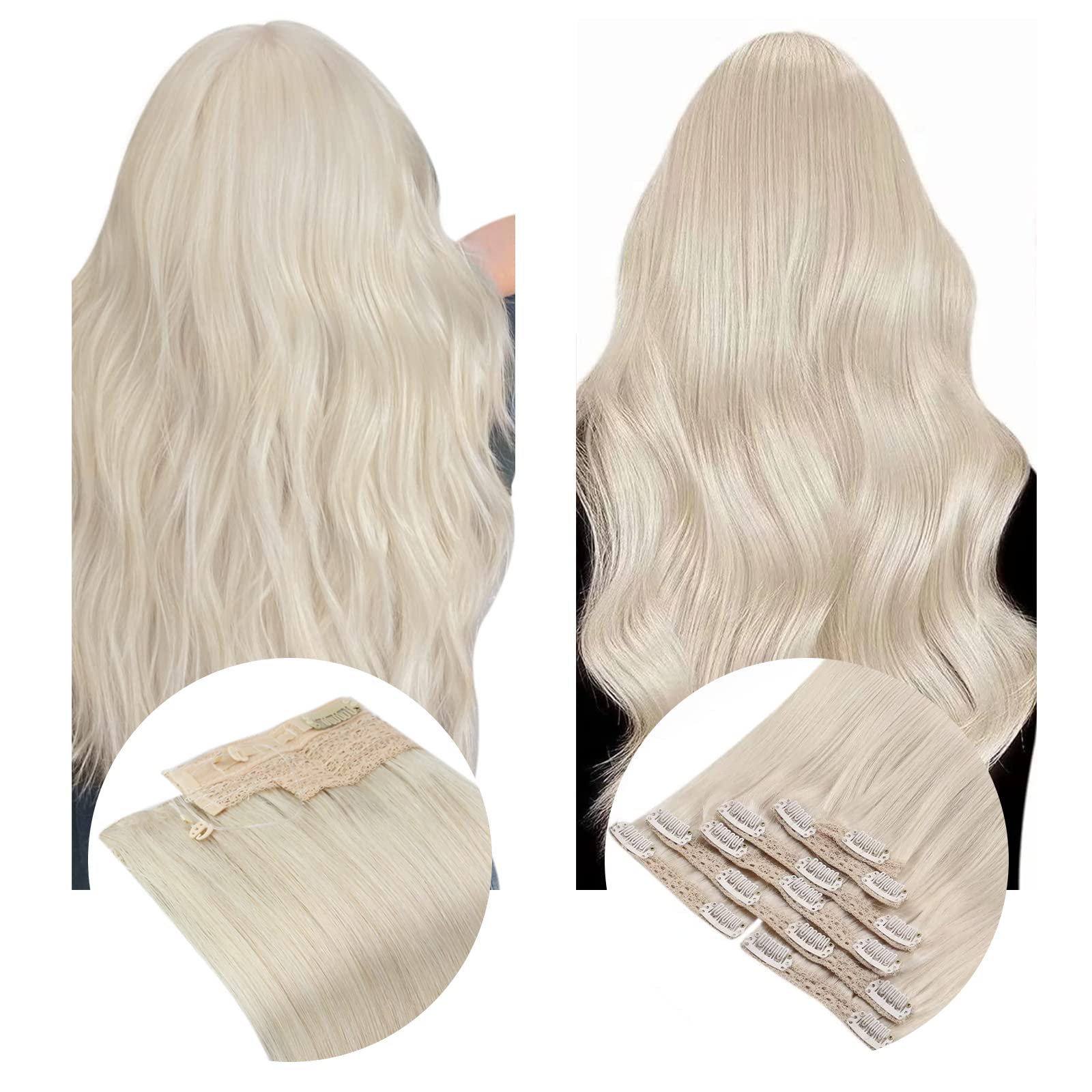 Sunny Fish Line Platinum Blonde Clip-in Hair Extensions #60 - 100g+120g Remy Human Hair, 20 Inch Straight Thick Blonde Extensions for Full Head | Perfect for Parties, Weddings & Daily Styling