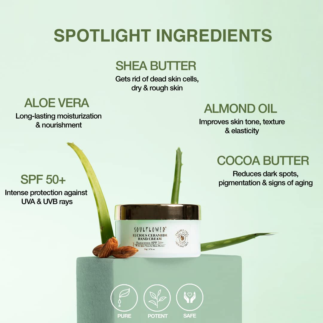 Soulflower Ceramide Hand Cream with SPF 50+ | Moisturizing & Repairing for Dry, Rough Hands | Sun Protection, Oil-Free Formula | Enriched with Aloe Vera & Shea Butter | 50g | Ideal for Daily Use, Outdoor Activities & Travel