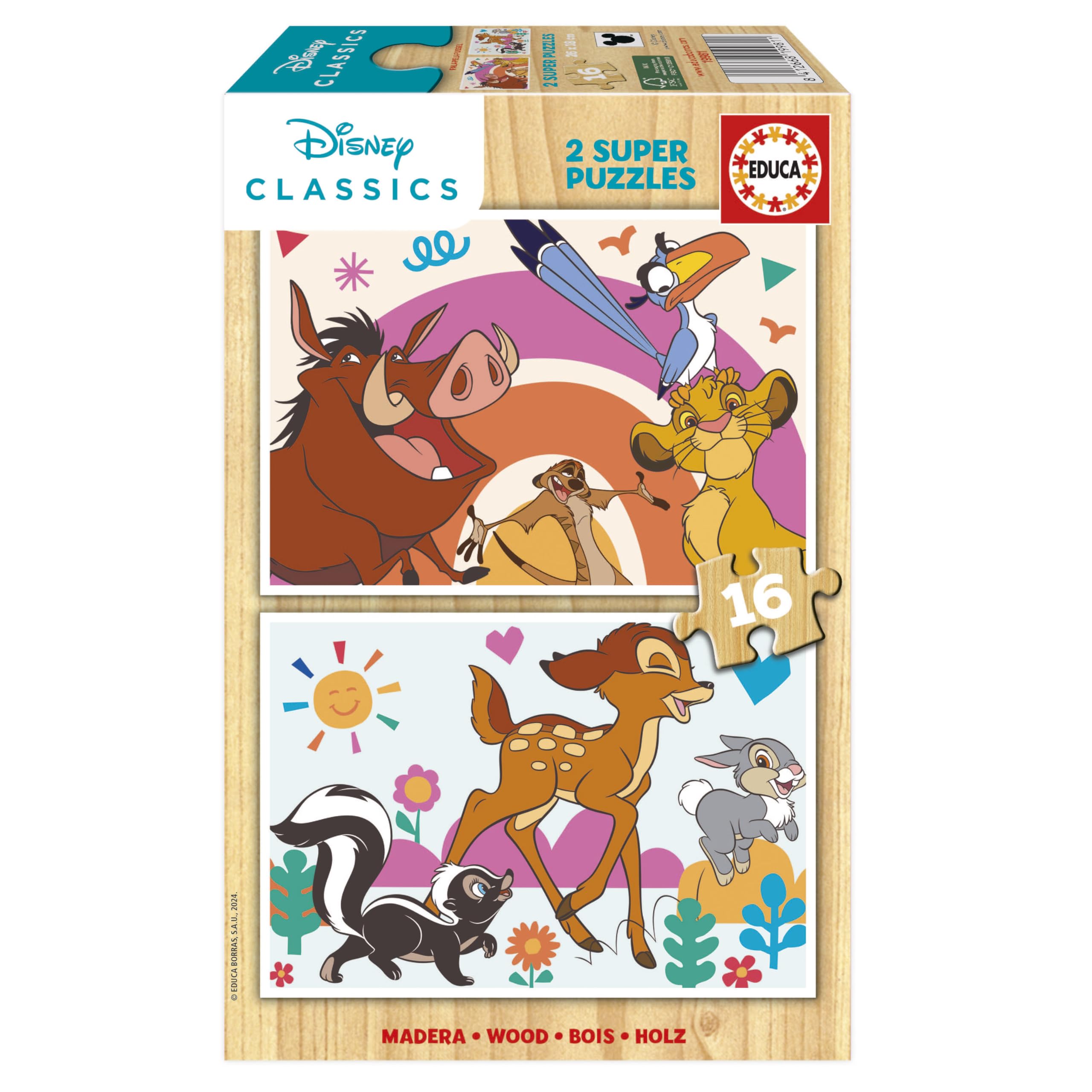 Educa Disney Animals Wooden Puzzles Set - 2 Pack Kids Puzzles with 16 Pieces Each, 10.2 x 7 Inches, Ages 3+ (19981) - Perfect for Preschool Learning, Birthday Gifts & Family Game Night