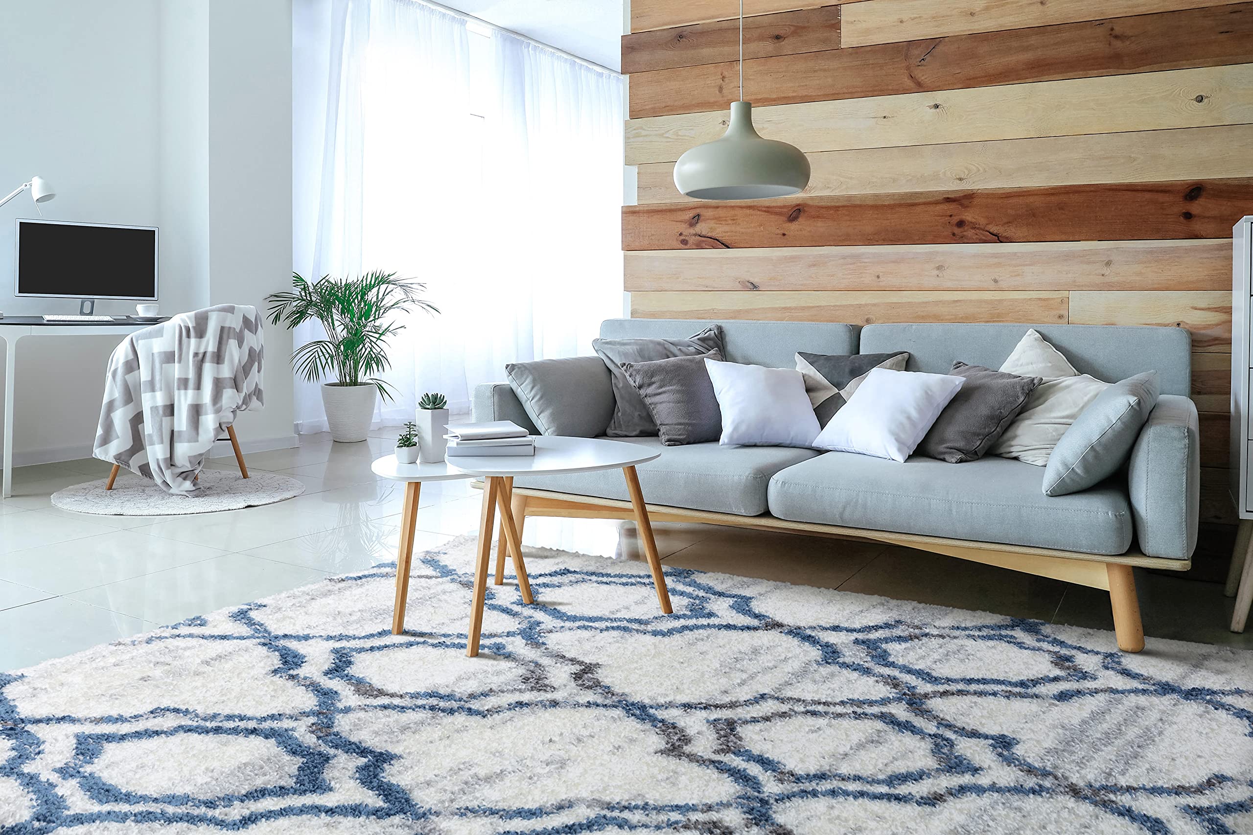 Ladole Florence Beige Cream Blue Geometric Modern Contemporary Area Rug - Non-Slip Soft Living Room Bedroom Carpet for Home Decor | Perfect for Boho Chic, Farmhouse & Apartment Style