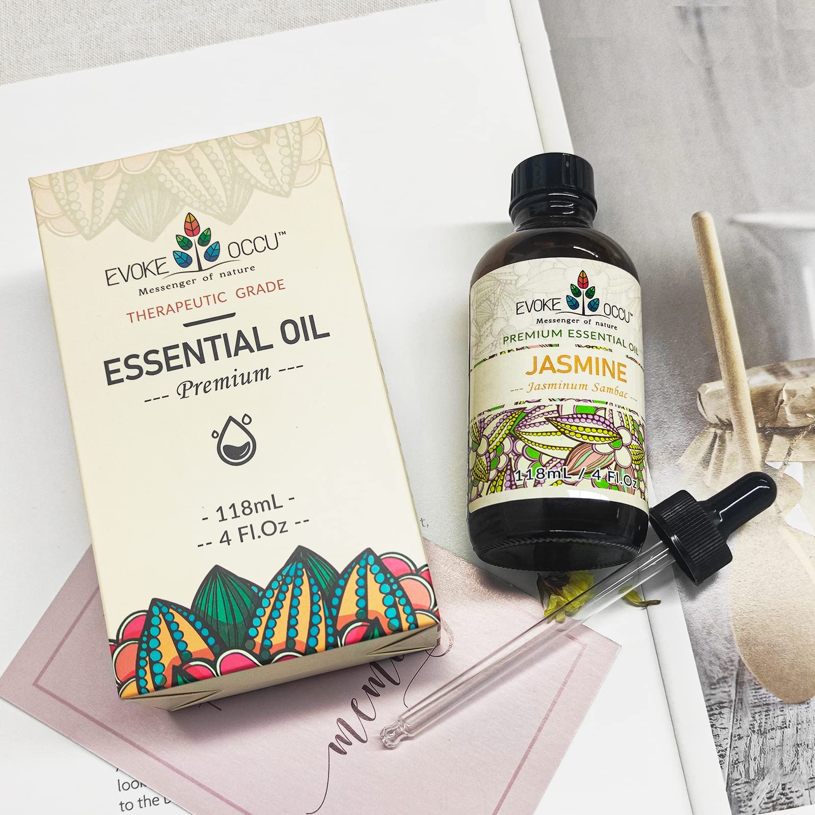 EVOKE OCCU 100% Pure Essential Oils Set - Jasmine, Vanilla, Lavender, Chamomile & Eucalyptus (4oz) for Skin Care, Hair Treatment, Aromatherapy & Diffuser Use - Perfect for Relaxation, Massage & Home Spa