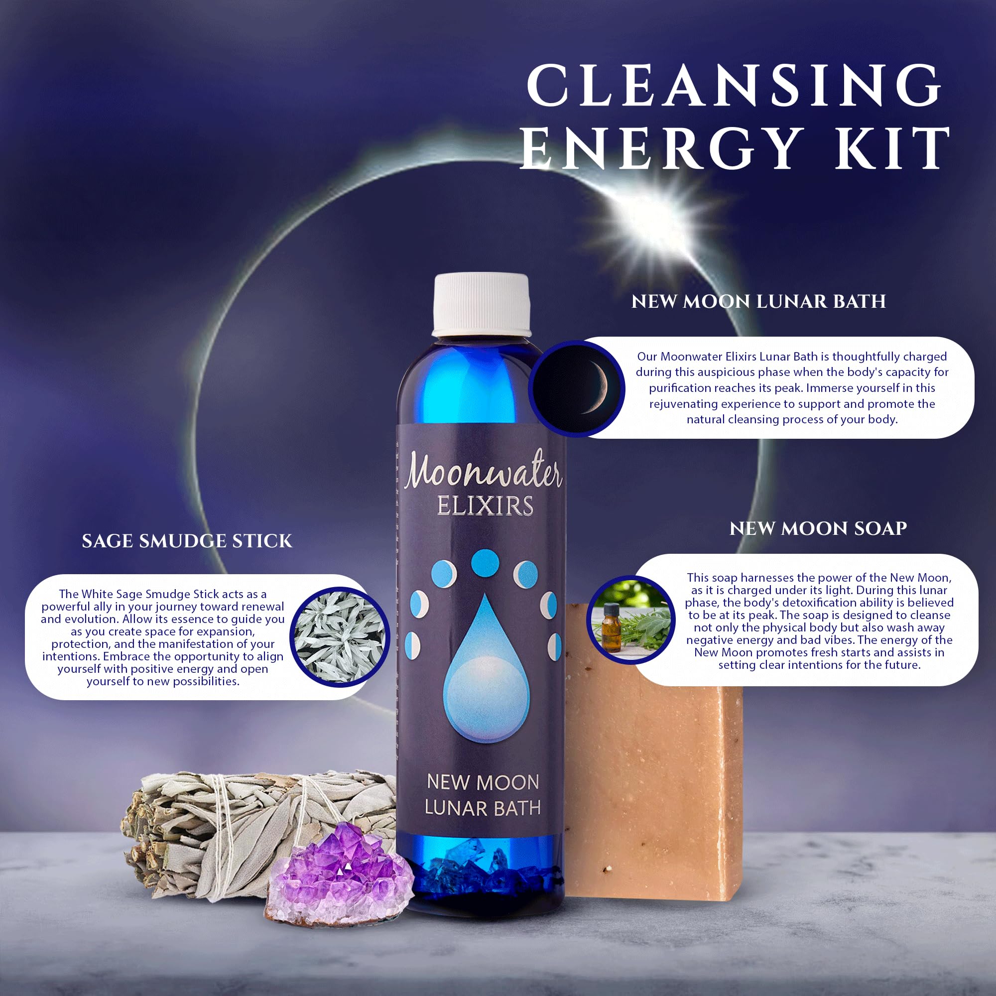 Aura Cleansing Lunar Bath Oil & Smudge Kit with Reiki - New Moon Elixir for Energy Clearing | Spiritual Protection from Negative Energy | Positive Energy Ritual Set | Sacred Space Cleanse by Moonwater Elixirs | Perfect for Meditation, Yoga & Home Blessing Ceremonies