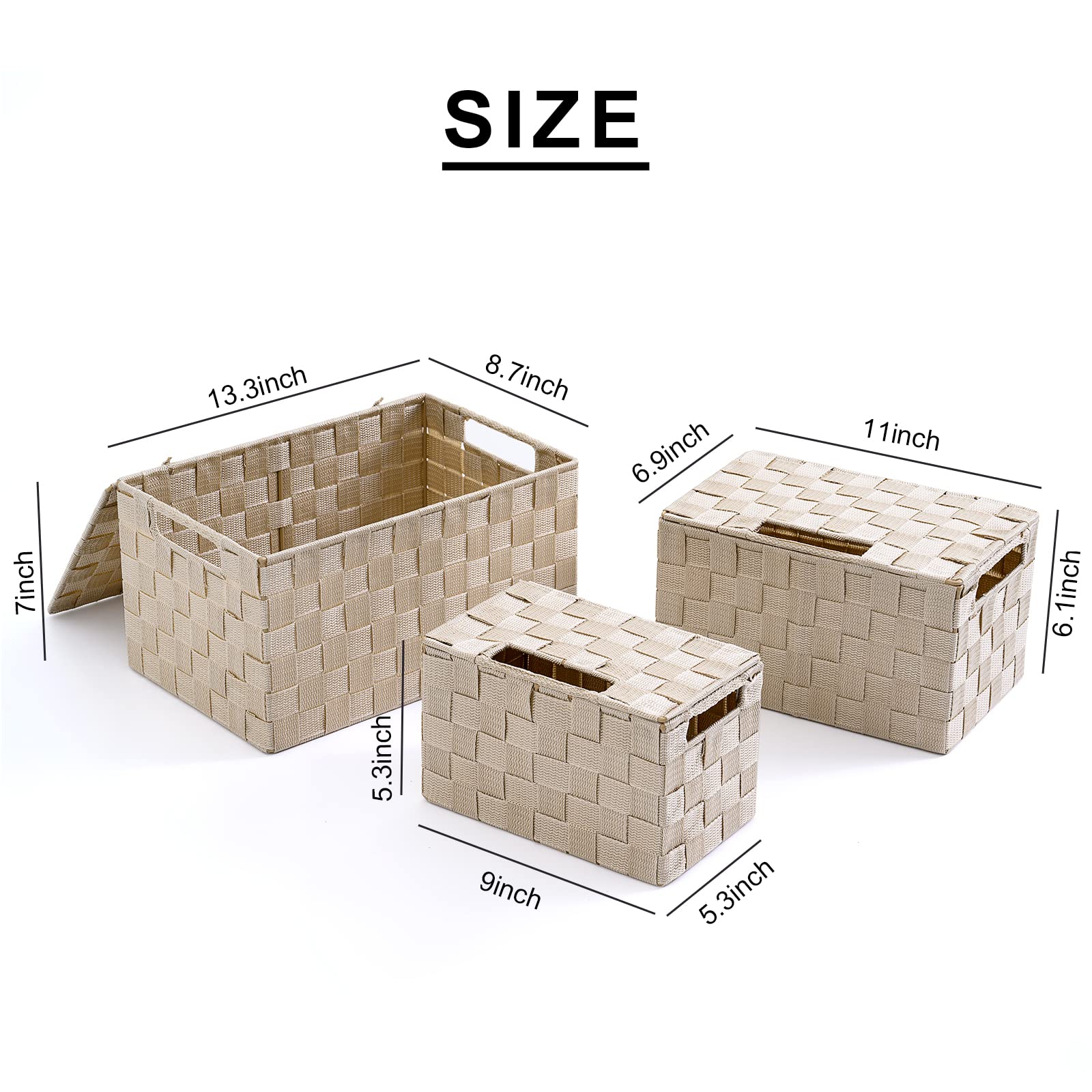 3-Pack Woven Storage Bins with Lids - Decorative Wicker Baskets for Closet, Office & Home Organization | Beige Storage Boxes for Clothes, Toys & Household Items
