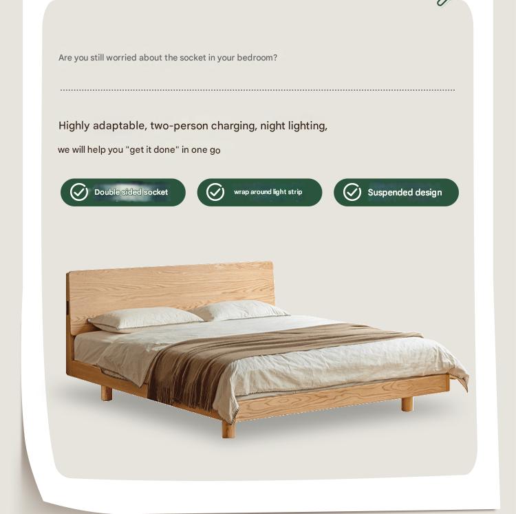 Solid Oak Wood Modern Floating Bed Frame - Queen Size, Sturdy Platform Bed with LED Lights for Bedroom, Living Room, Guest Room