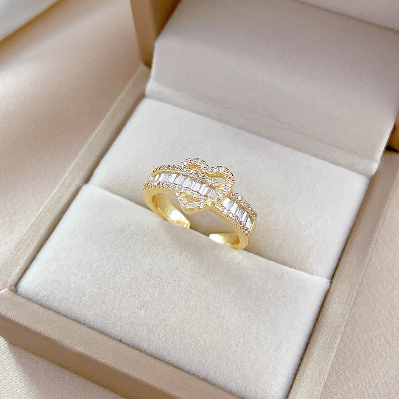 Wide Band Zircon Gold Heart Ring for Women | Elegant 925 Sterling Silver Jewelry Gift for Valentine's Day, Anniversary & Special Occasions | A8546