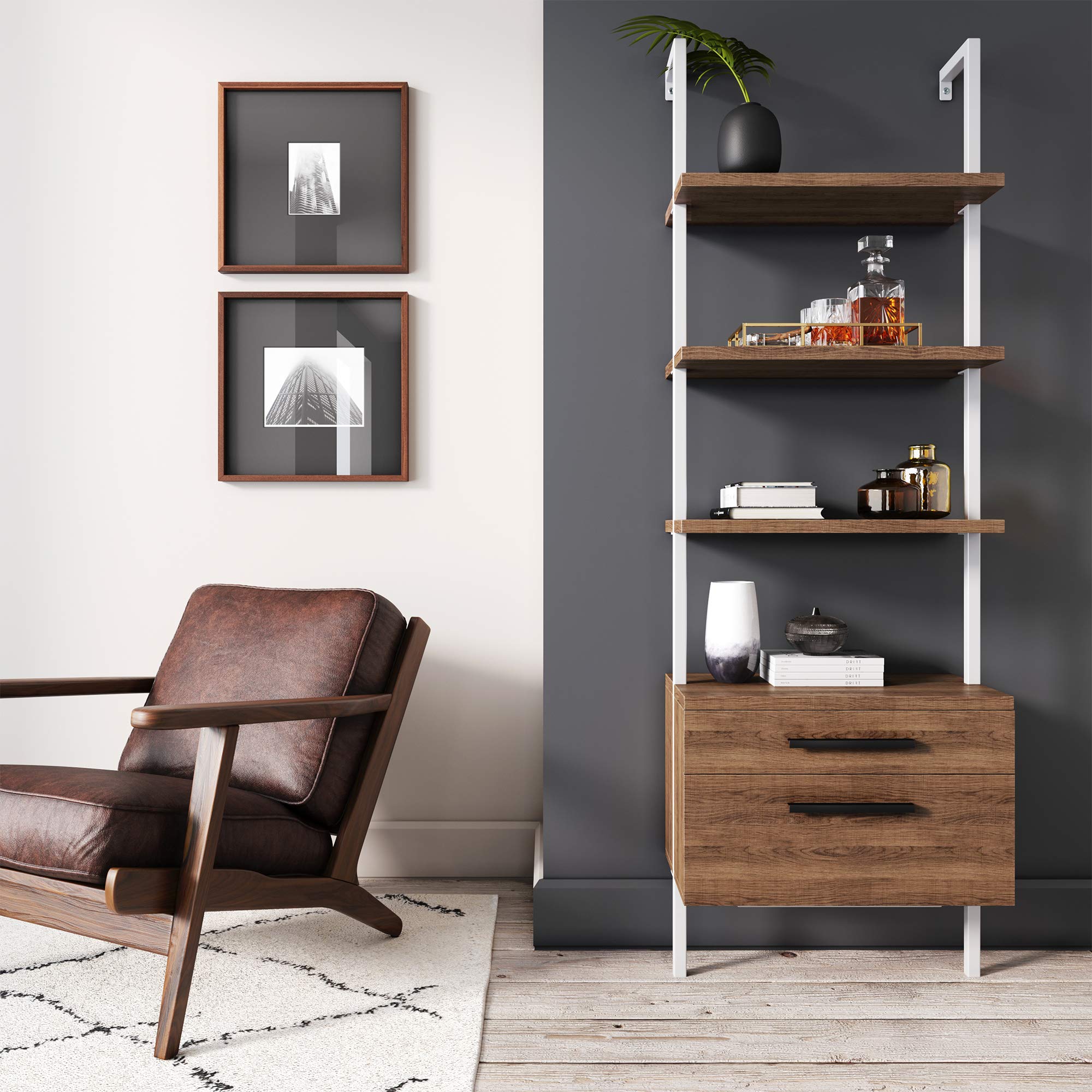 Nathan James Theo Industrial Bookshelf with Wood Drawers & Matte Steel Frame - 3-Tier Oak/White Storage Shelf for Living Room, Office & Bedroom Organization