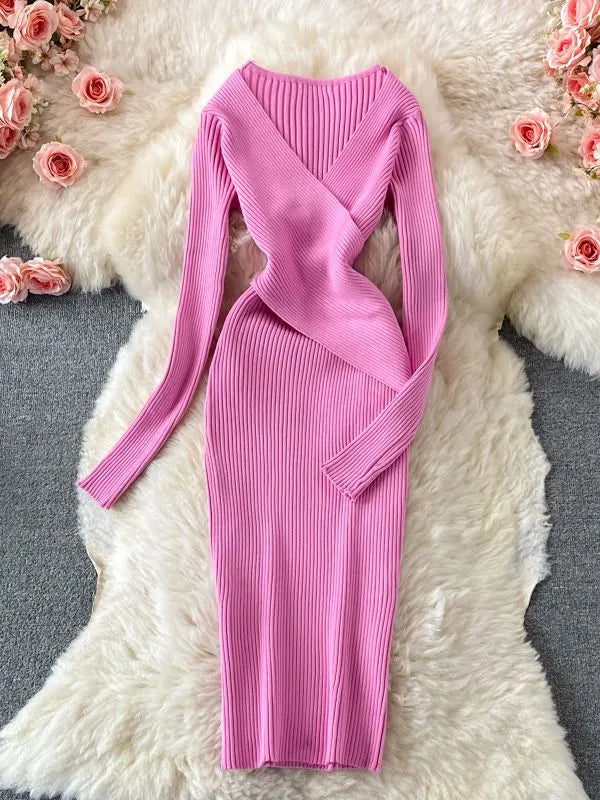 Elegant Cross V-Neck Slim Waist Knitted Bodycon Dress for Women | Autumn Winter Office Wear | Korean Style Ladies Vestidos | Perfect for Work, Party & Date Nights
