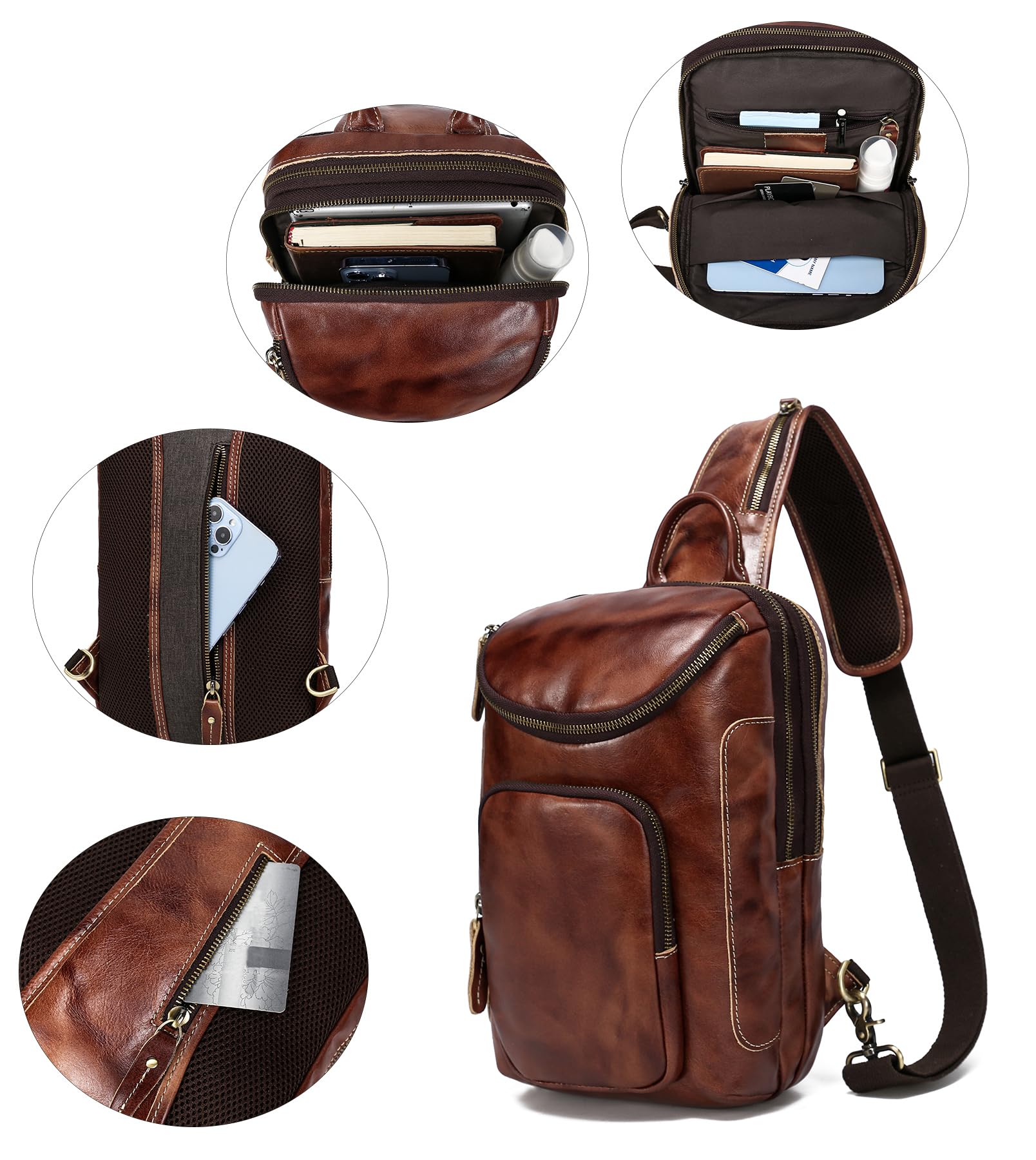 Vintage Full Grain Leather Sling Bag for Men & Women - Crossbody Chest Daypack - Perfect for Travel, Hiking, and Everyday Use