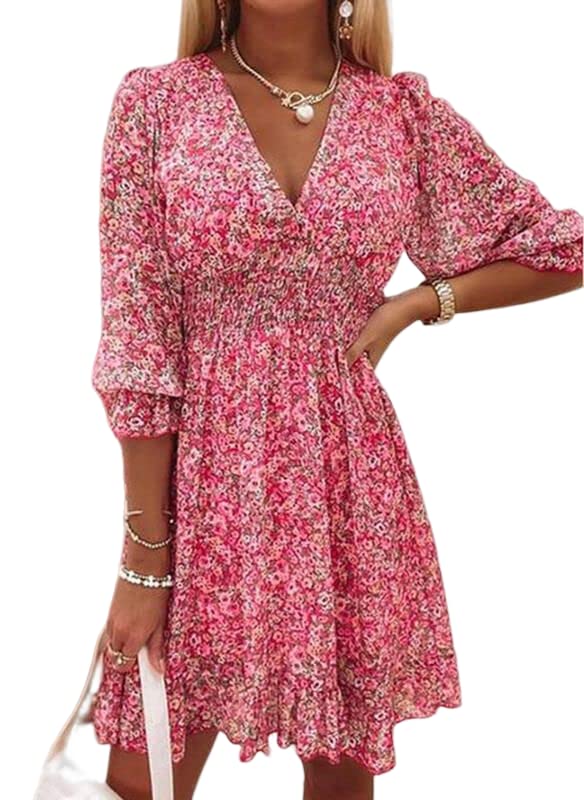 Women's Deep V Neck Lantern Sleeve Floral Print Mini Sun Dress - Casual Short Summer Boho Dress for Beach, Vacation & Outdoor Parties