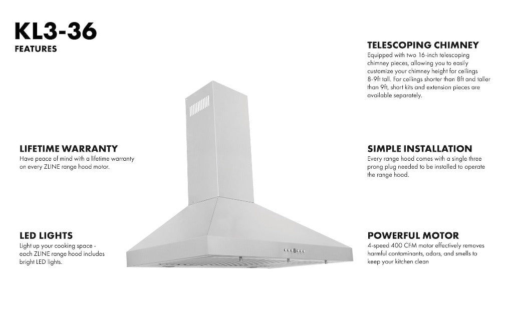 ZLINE KL3 Stainless Steel Convertible Wall Mount Range Hood - 36 Inch, 900 CFM, 3-Speed Fan - Perfect for Kitchen Ventilation & Smoke Removal in Home Cooking