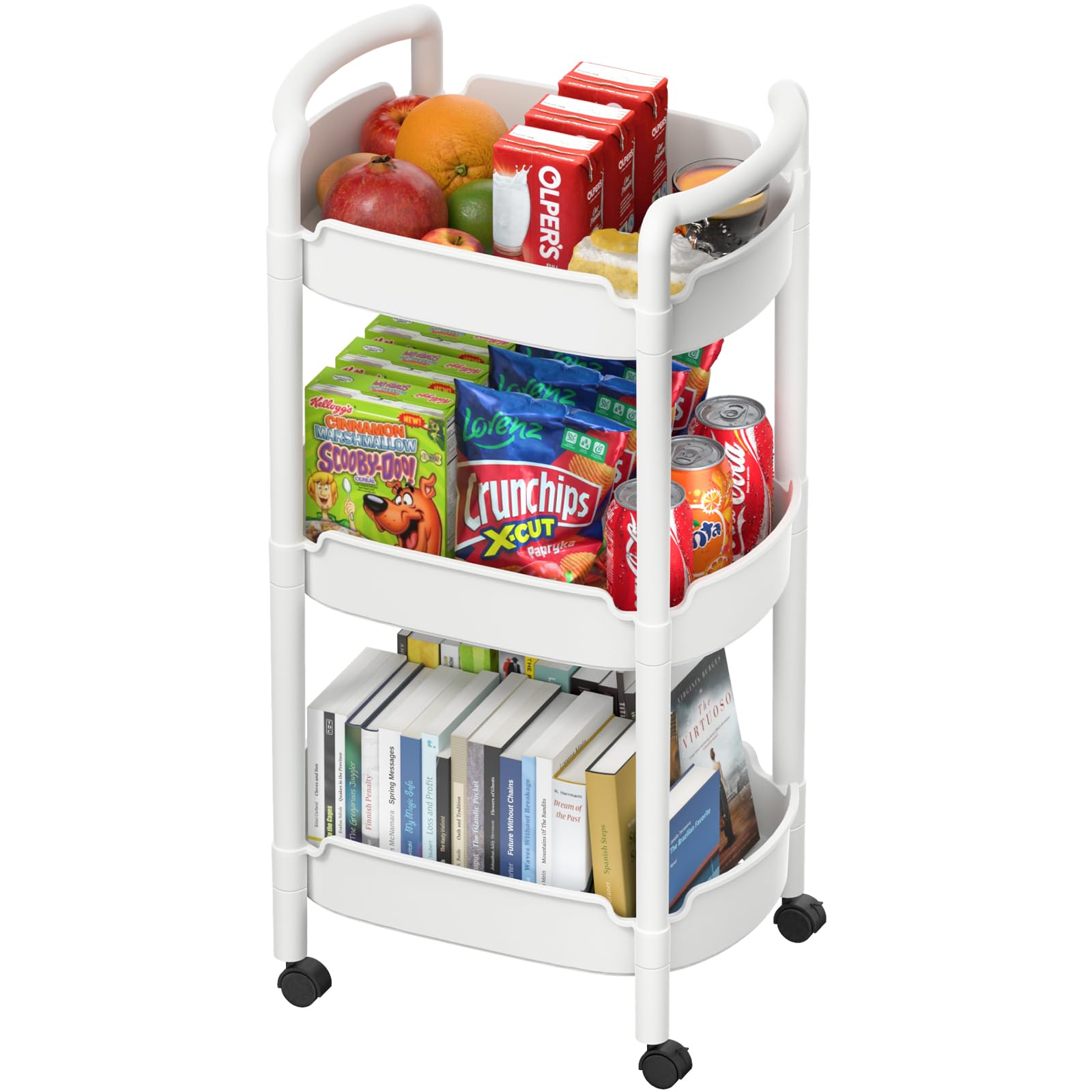 HUXMEYSON 3-Tier Rolling Utility Cart with Lockable Wheels - Multi-Purpose Storage Cart for Kitchen, Bathroom, Office - White Plastic Mobile Organizer with Handle | Perfect for Home Organization, Salon Supplies & Classroom Storage