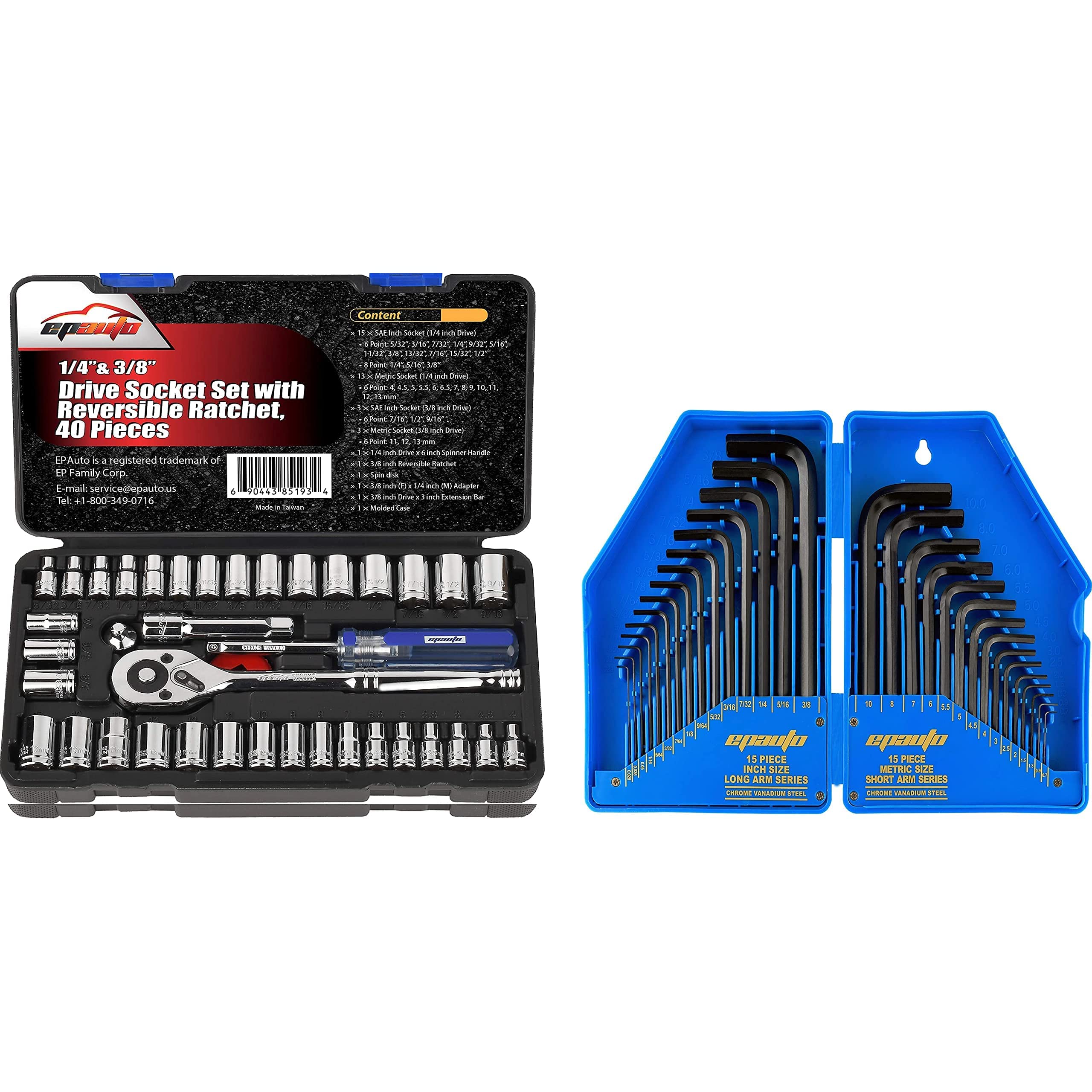 EPAuto 40-Piece 1/4-Inch & 3/8-Inch Drive Socket Set with 72-Tooth Reversible Ratchet - Includes Allen Key & Hex Key Wrench Set (0.028-3/8 inch, 0.7-10mm) - Perfect for Automotive Repair, DIY Projects & Home Maintenance