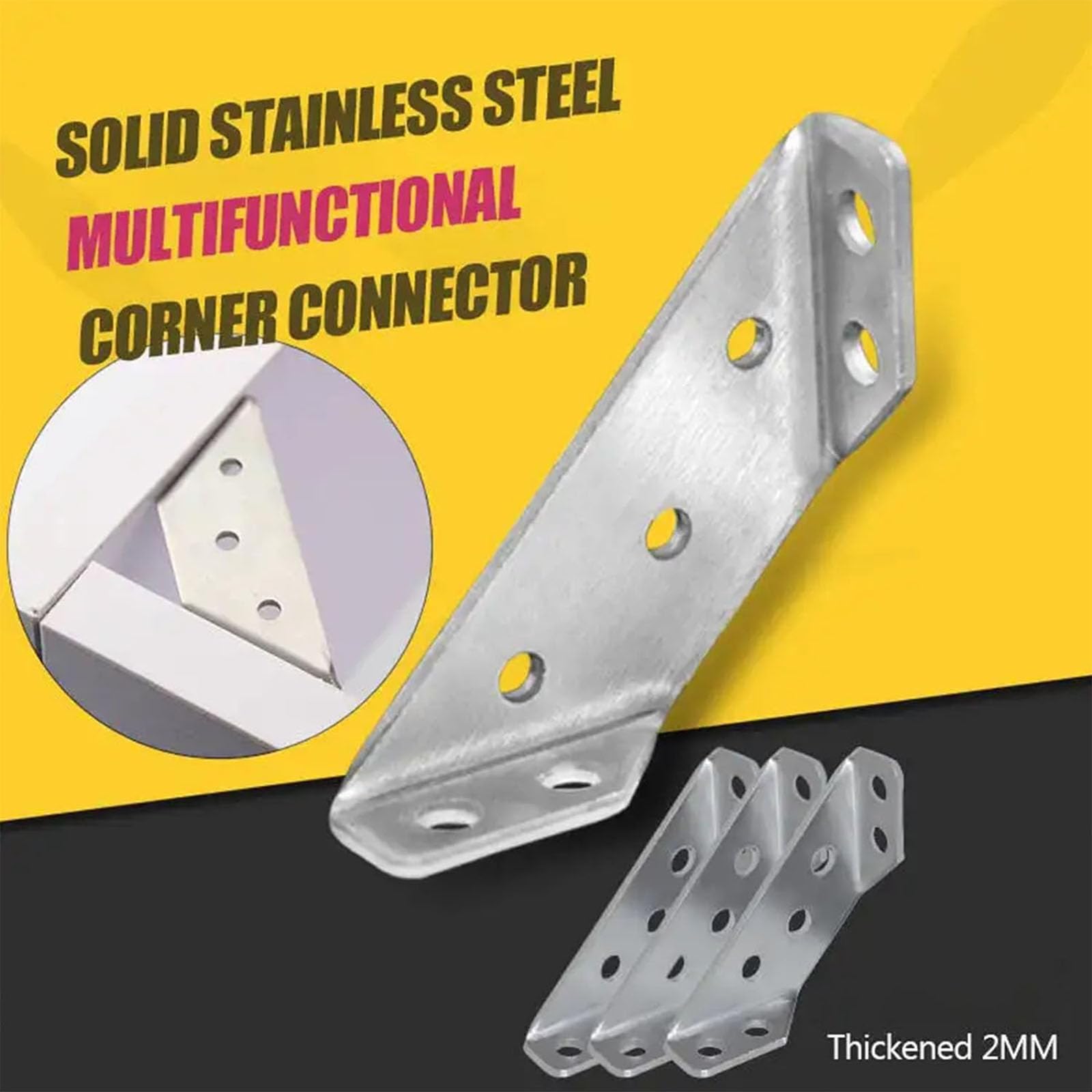 Stainless Steel Universal Furniture Corner Connector - Heavy Duty Triangle Corner Brace for Wooden Cabinets, Shelves & Tables - 3-Sided Fixing with Screws - Perfect for DIY Home Furniture Assembly & Repair