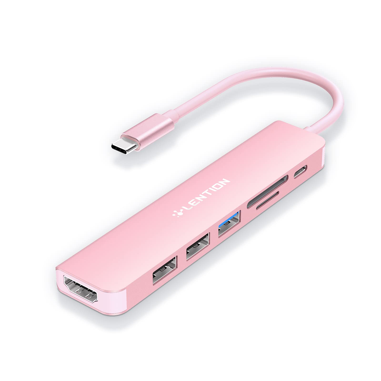 LENTION 6-in-1 USB C Hub with 100W PD Charging, 4K HDMI, SD/TF Card Reader, USB 3.0 Ports - Compatible with MacBook Pro/Air, Surface, Chromebook & More - Rose Gold (CB-CE18) | Perfect for Home Office, Travel & Multi-Screen Workstations