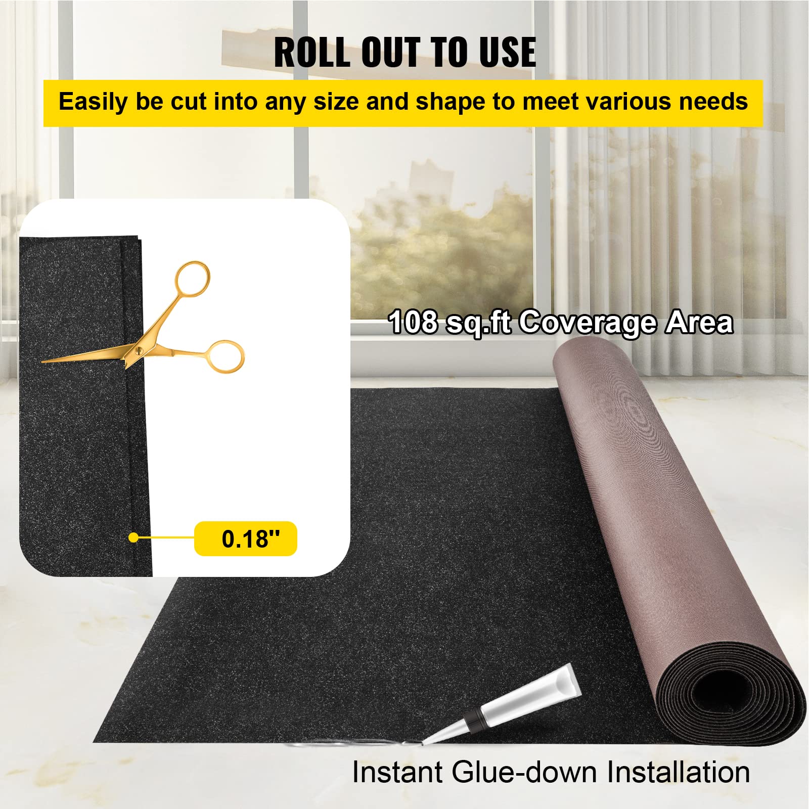 Happybuy 6 ft x 18 ft Marine Boat Carpet - Waterproof Black Indoor/Outdoor Carpet with Anti-Slip Backing, Marine Grade Deck Rug for Boats, RV, Patio - Easy to Clean & Cuttable for Custom Fit
