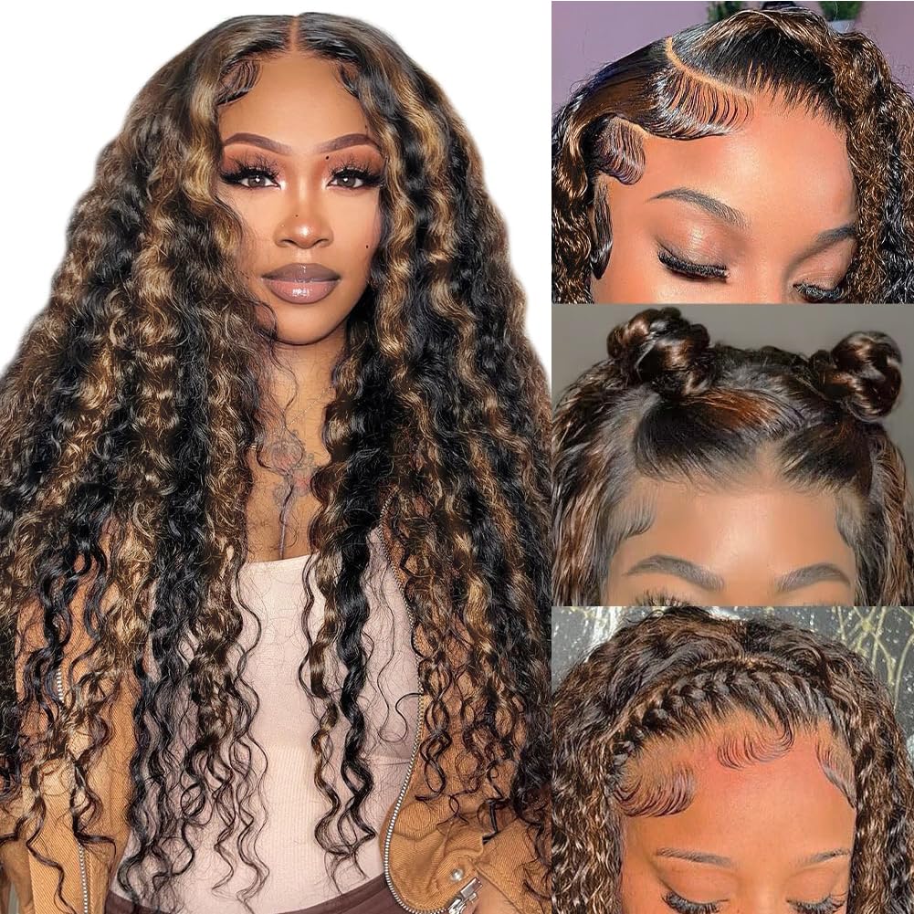 1B/27 Deep Wave Lace Front Wigs Human Hair 200 Density 13x6 HD Lace Frontal Wigs - Ombre Highlight Glueless Human Hair Wigs for Black Women (28 Inch, Black with Blonde Curly) - Perfect for Daily Wear, Parties, Weddings & Special Occasions