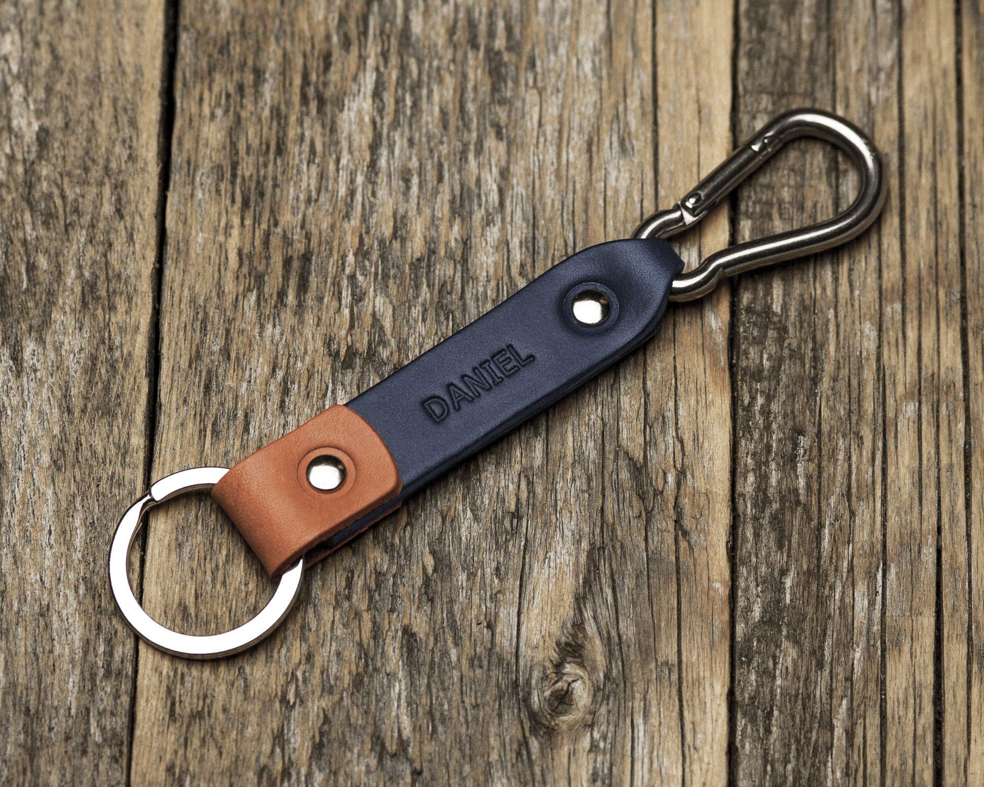 Custom Engraved Leather Keychain with Stainless Steel Carabiner - Personalized Monogram Key Ring for Men, Initials Key Fob Holder - Perfect Groomsmen Gift, Boyfriend Present & Everyday Carry Accessory