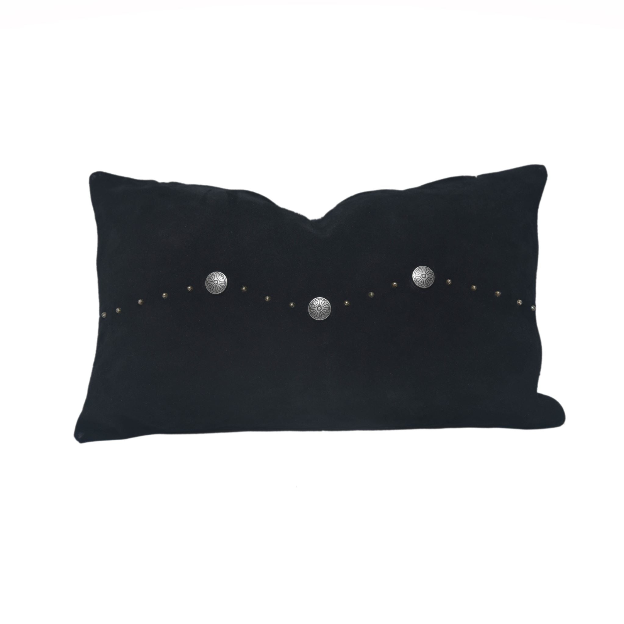 Vintage Western Suede Lumbar Pillow with Antique Silver Conchos & Studs - Perfect for Cowboy Decor, Boho Home, and Western-Themed Living Rooms