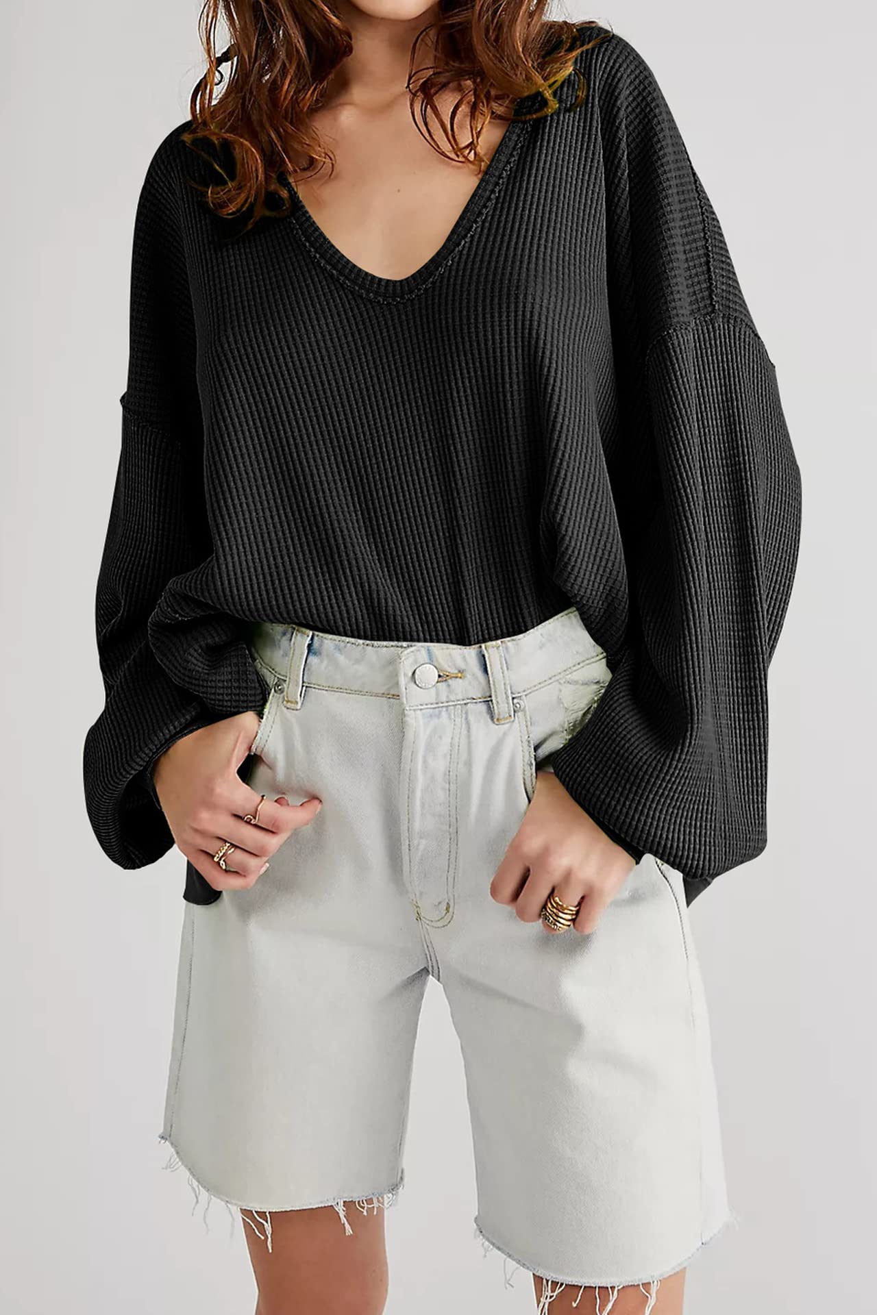 Hotmiss Women's Oversized Waffle Knit Long Sleeve Pullover Sweatshirt - Casual Drop Shoulder Lightweight Top for Fall & Winter | Cozy Lounge Wear, Street Style, Coffee Dates