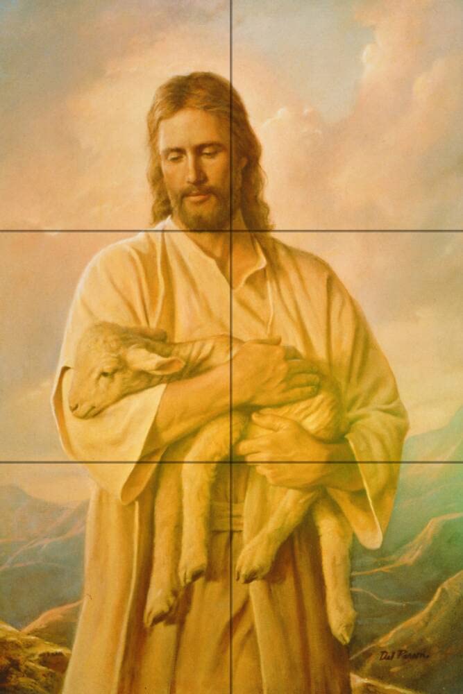 Del Parson Jesus with Lamb Tile Mural - Waterproof Peel & Stick Kitchen Backsplash - Religious Wall Art for Home Decor - Perfect for Christian Themed Kitchens & Bathrooms
