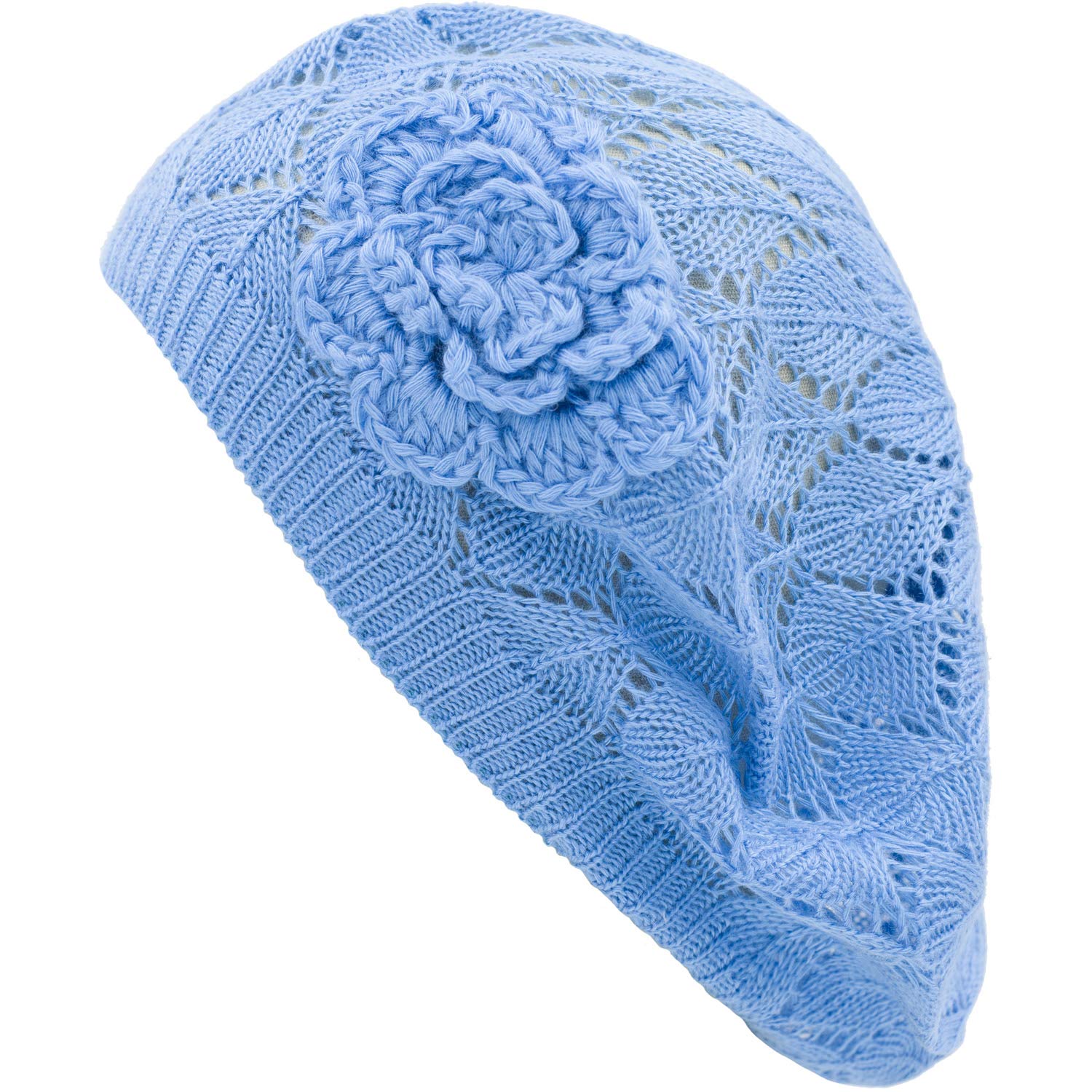 Women's Crochet Flower Beanie Hat - Lightweight Knit Beret with Cutout Design - Fashionable Winter Cap for Outdoor Activities, Travel & Casual Wear