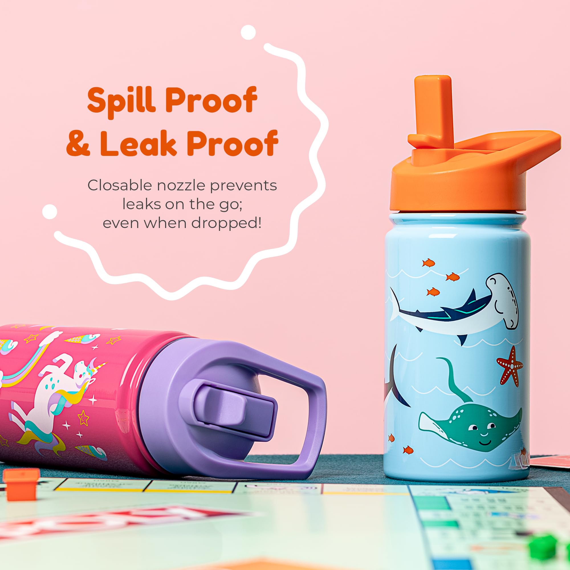 BOZ Stainless Steel Insulated Water Bottle for Kids & Toddlers - 14oz (414ml) Leak Proof with Straw Lid, Perfect for School, Travel & Outdoor Activities - Sharks Design