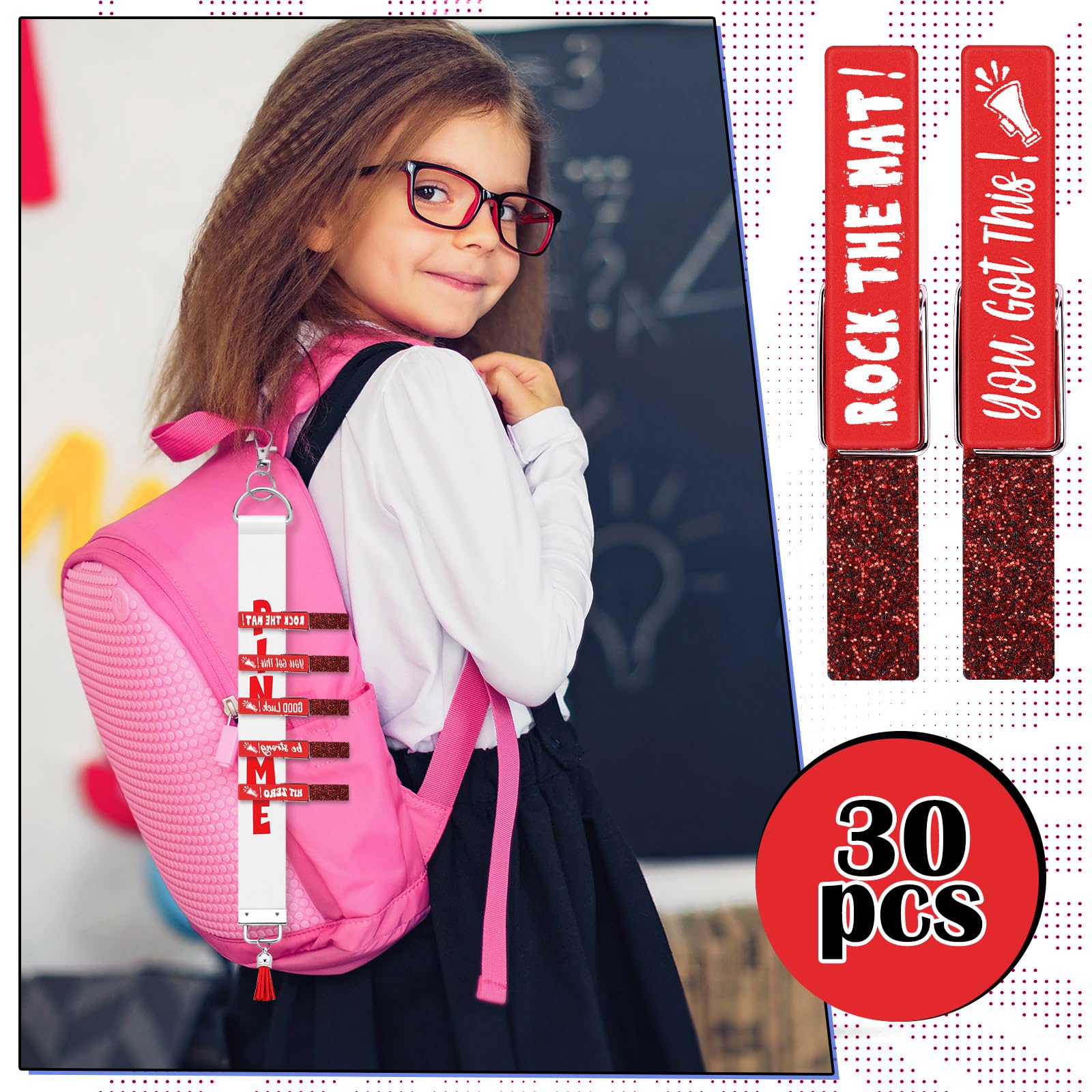 30 Pcs Cheerleader Spirit Clips - Glittered Cheer Pins for Backpacks, Clothes & Team Gifts - Bulk Cheerleading Accessories for Competitions, Parties & School Events (Red, Shiny)