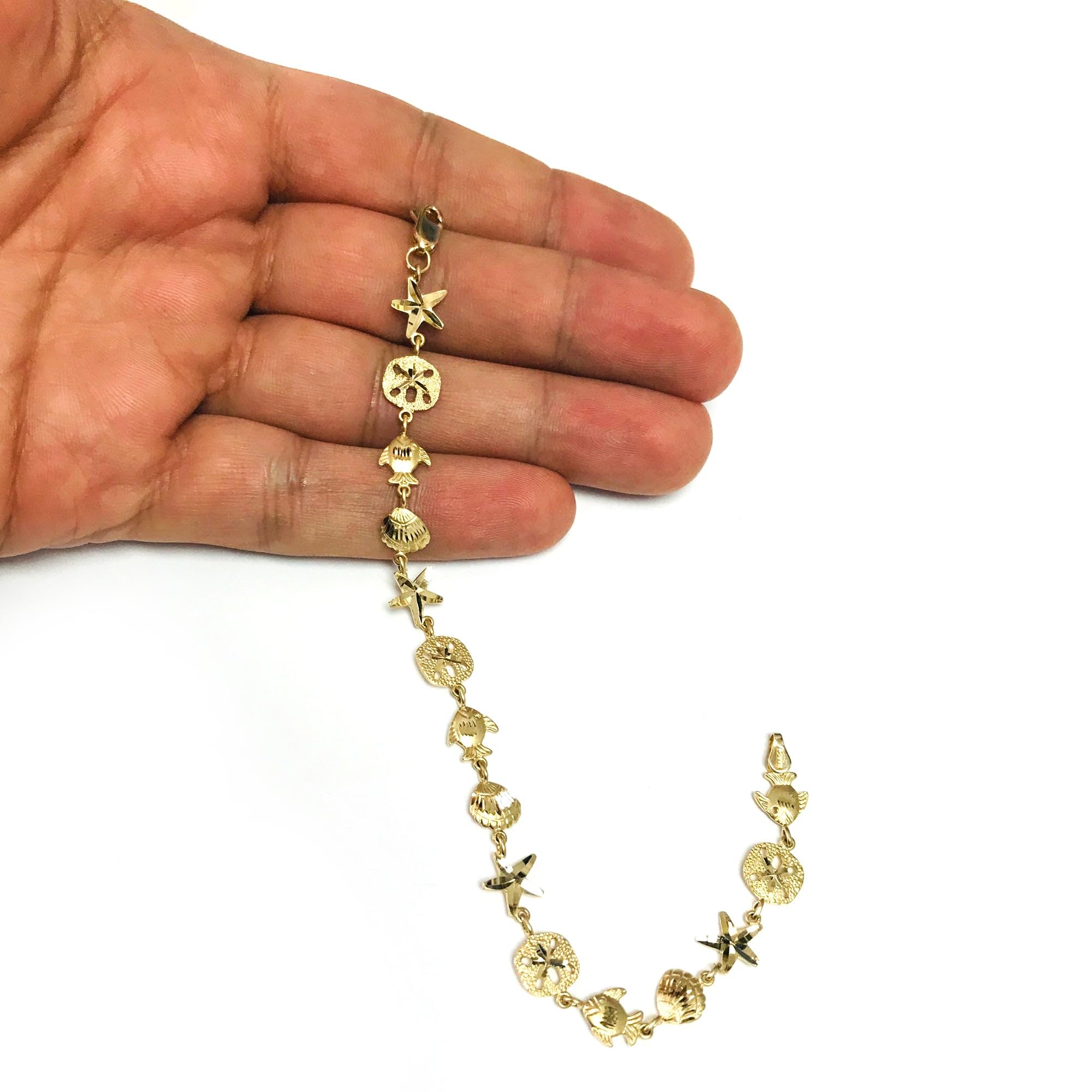 14K Yellow Gold Starfish Sand Dollar and Fish Charm Bracelet - 7