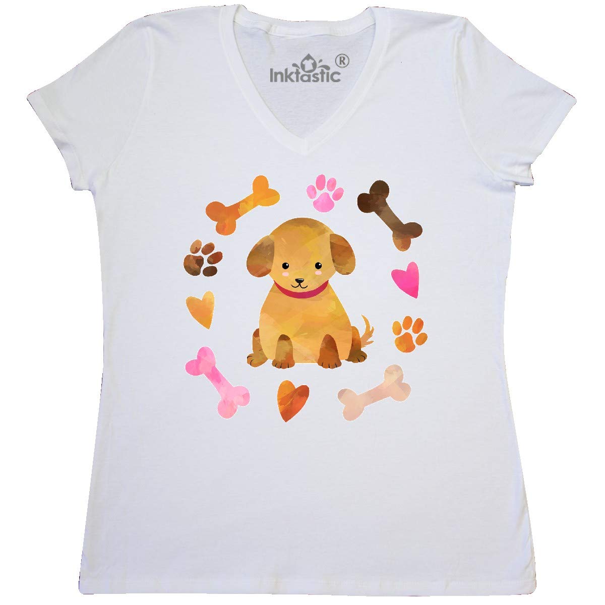 Inktastic Cute Puppy Valentine with Hearts and Bones Women's V-Neck T-Shirt - Perfect Gift for Dog Lovers, Valentine's Day, Casual Wear & Pet-Themed Outfits