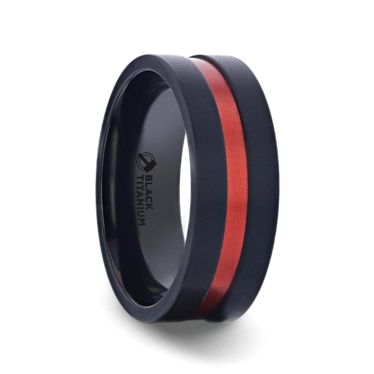 Blaze Flat Brushed Black Titanium Men's Wedding Band with Red Aluminum Groove - 8mm Comfort Fit Ring for Men, Perfect for Engagement, Anniversary & Everyday Wear