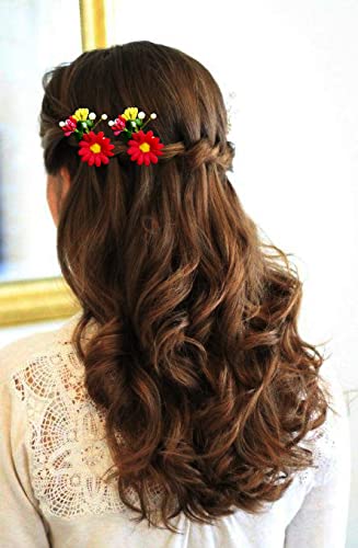 Artificial Flower Hair Clip with Leaf Design - Red Hairpins, Hair Claws & Hair Accessories for Women & Girls (Pack of 3) - Perfect for Weddings, Parties & Everyday Styling