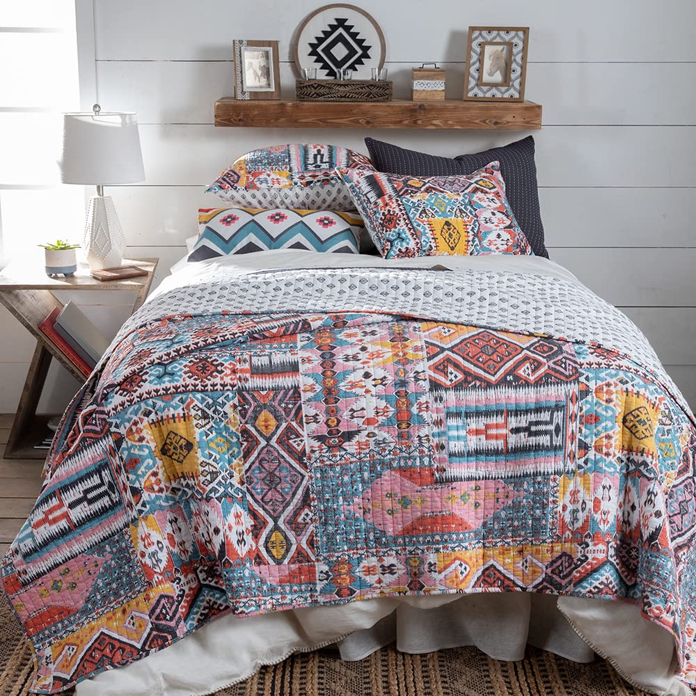 Rod's Southwest Patchwork Quilt - Blue Gold Red Pink Grey - King Size (106x92 inches) - 100% Cotton Reversible Bedspread - Perfect for Rustic, Bohemian & Farmhouse Bedroom Decor