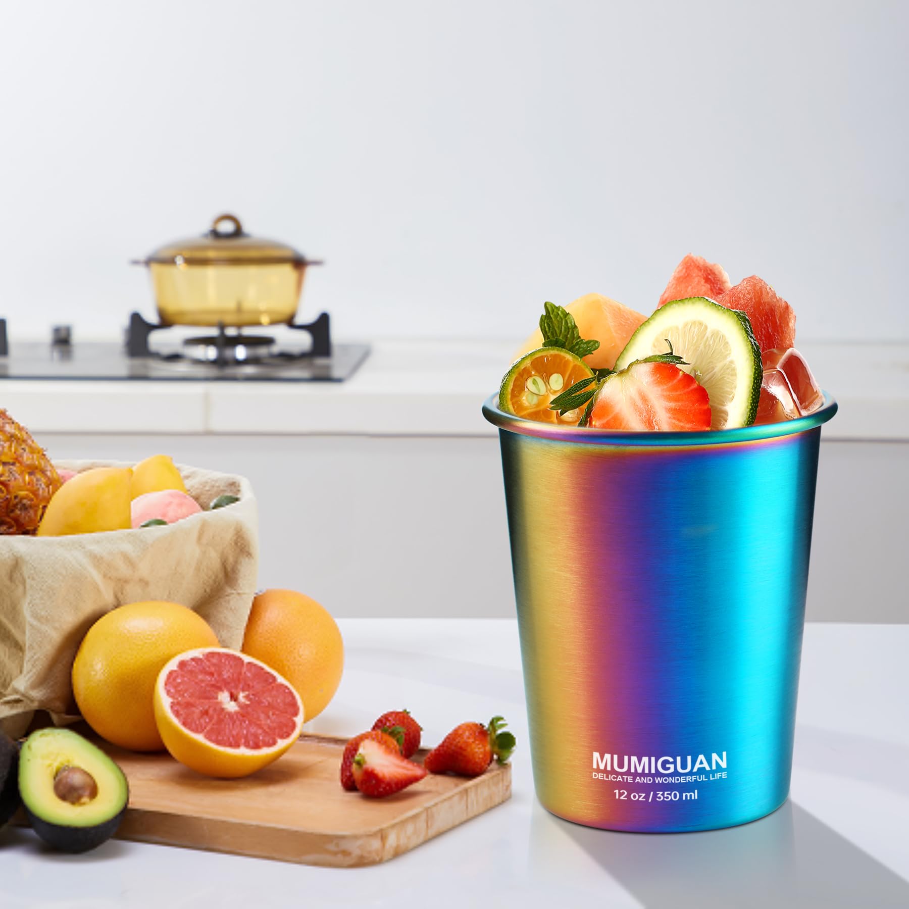 12oz Stainless Steel Kids Cups (4 Pack) - Rainbow Electroplated, BPA-Free, Stackable Metal Drinking Glasses for Toddlers - Perfect for Camping, Travel, and Everyday Use