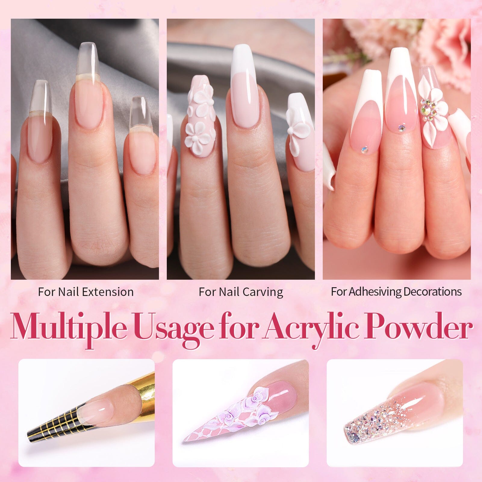 9pcs Acrylic Nail Kit with 3 Colors Powder & Liquid - Professional Manicure Set for DIY Nails at Home or Salon | US Only