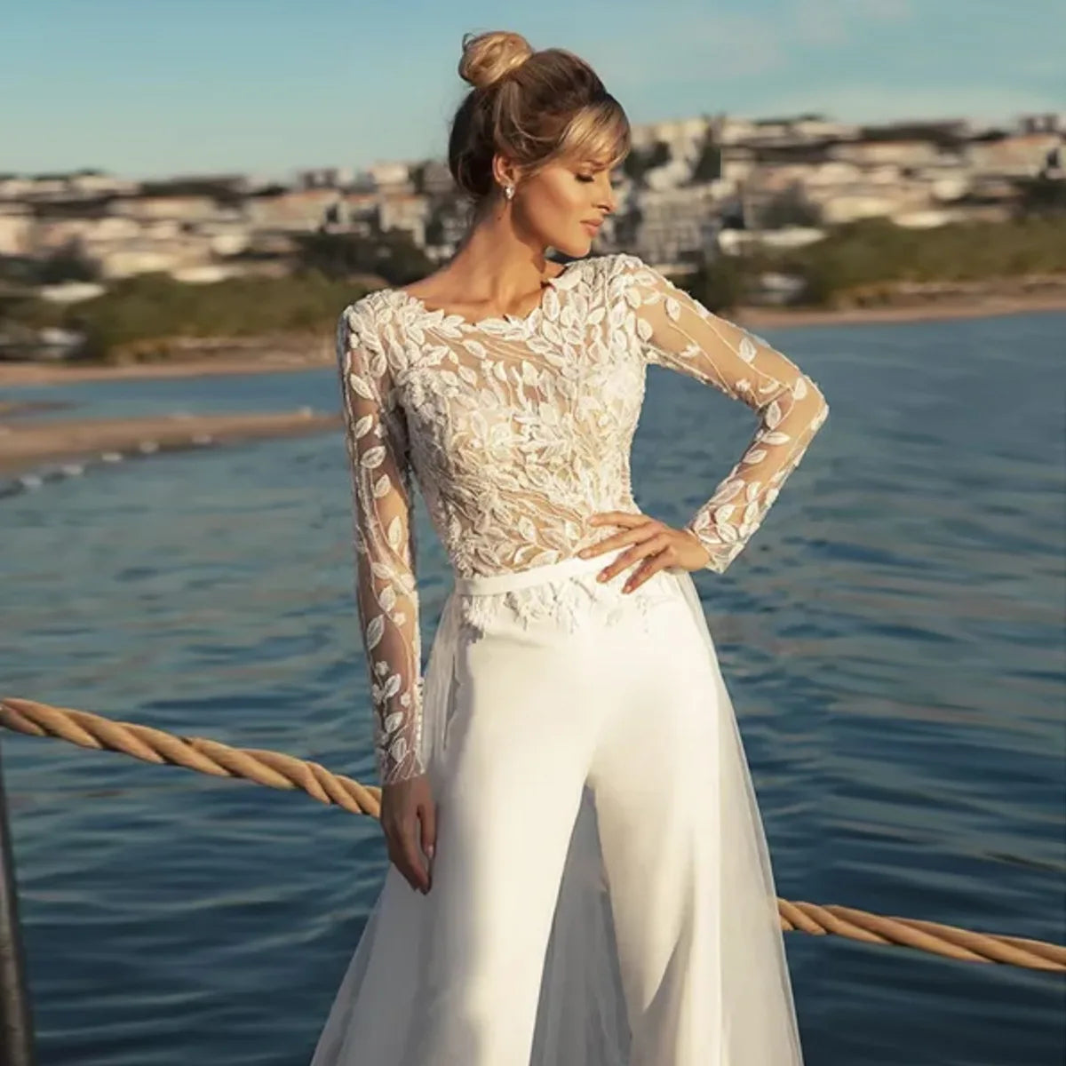 Elegant Illusion Lace Stretch Pants Wedding Dress with Detachable Overlay - Perfect for Bridal Gowns, Evening Gowns, and Special Occasions