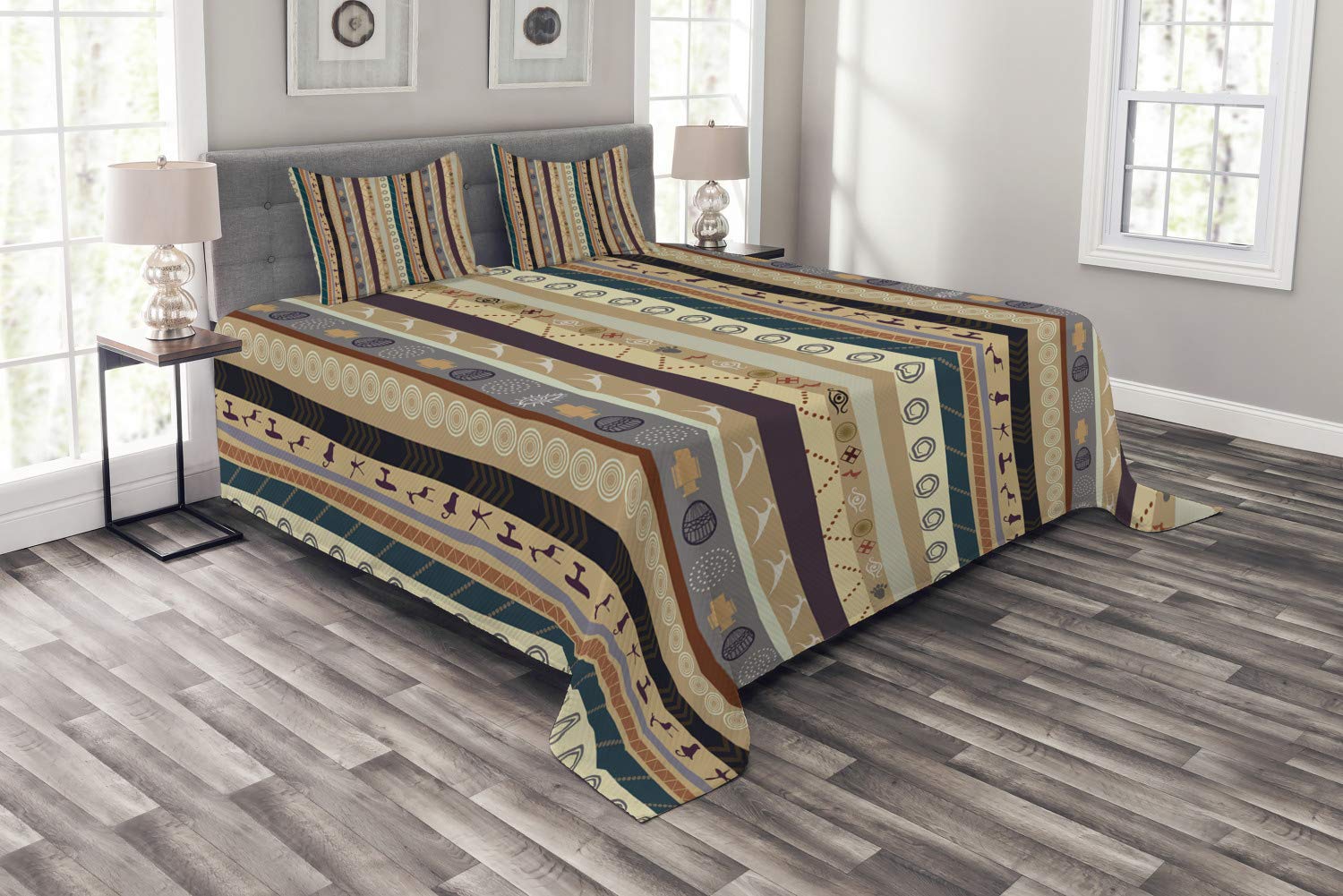 Ambesonne Tribal King Size Bedspread Set - 3 Piece Vintage Striped Bedding with Abstract Ornamental Details | Traditional Multicolor Coverlet & 2 Pillow Shams for Bohemian Bedroom Decor | Perfect for Guest Rooms, Master Bedrooms & Cozy Home Styling