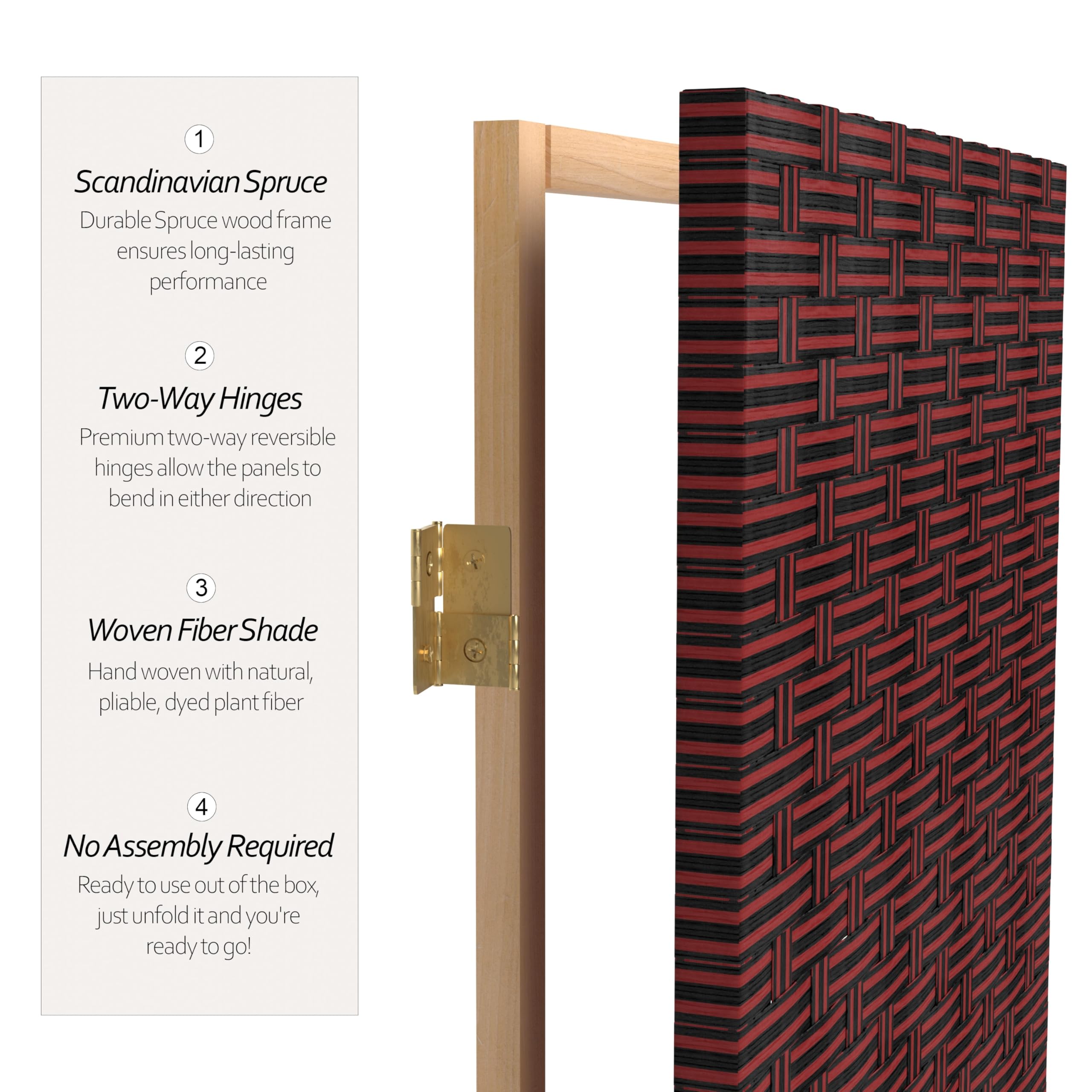 6 ft Tall Red and Black Woven Fiber Room Divider - 4 Panel Folding Privacy Screen for Home, Office, or Outdoor Use