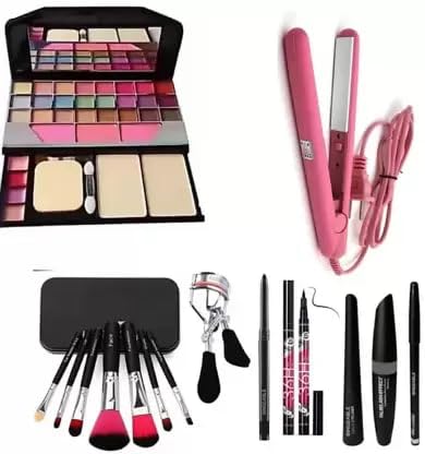 KAARM TYA 6155 Professional 15-Piece Makeup Kit with 7 Brushes, Mini Hair Straightener, Eyelash Curler, 36H Eyeliner, Kajal & 3-in-1 Eyeliner Mascara Eyebrow Pencil - Perfect for Travel, Bridal & Everyday Makeup Looks
