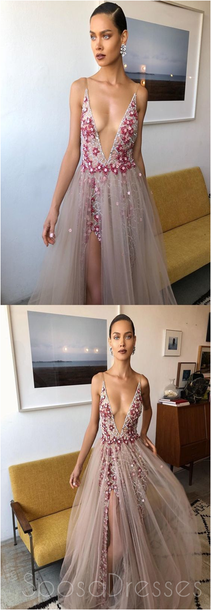 Elegant Grey Side Slit Tulle Beaded Long Evening Prom Dress - Custom Party Gown for Formal Events | Perfect for Prom, Homecoming, and Black Tie Occasions
