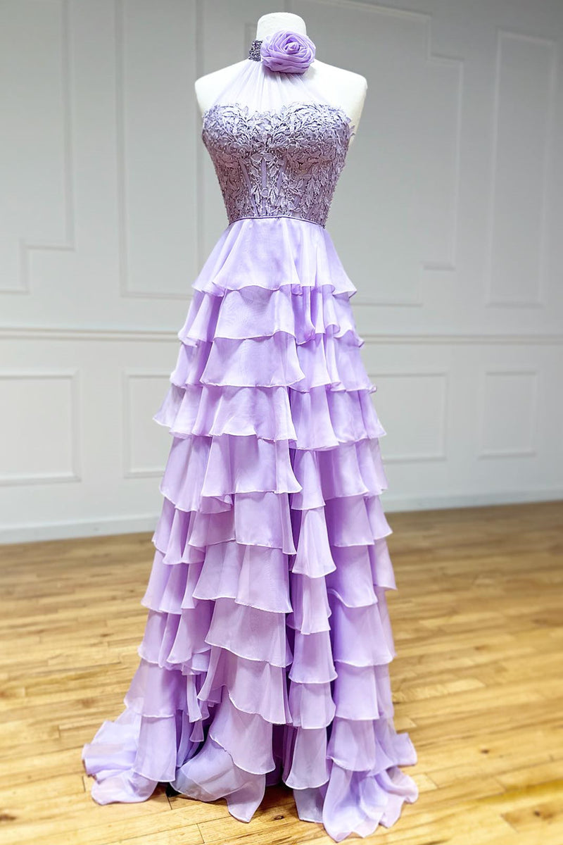 Lavender Long Tiered Violet Prom Dress with Ruffle High Neck & 3D Flower - Elegant Formal Gown for Homecoming, Evening Party, and Special Occasions