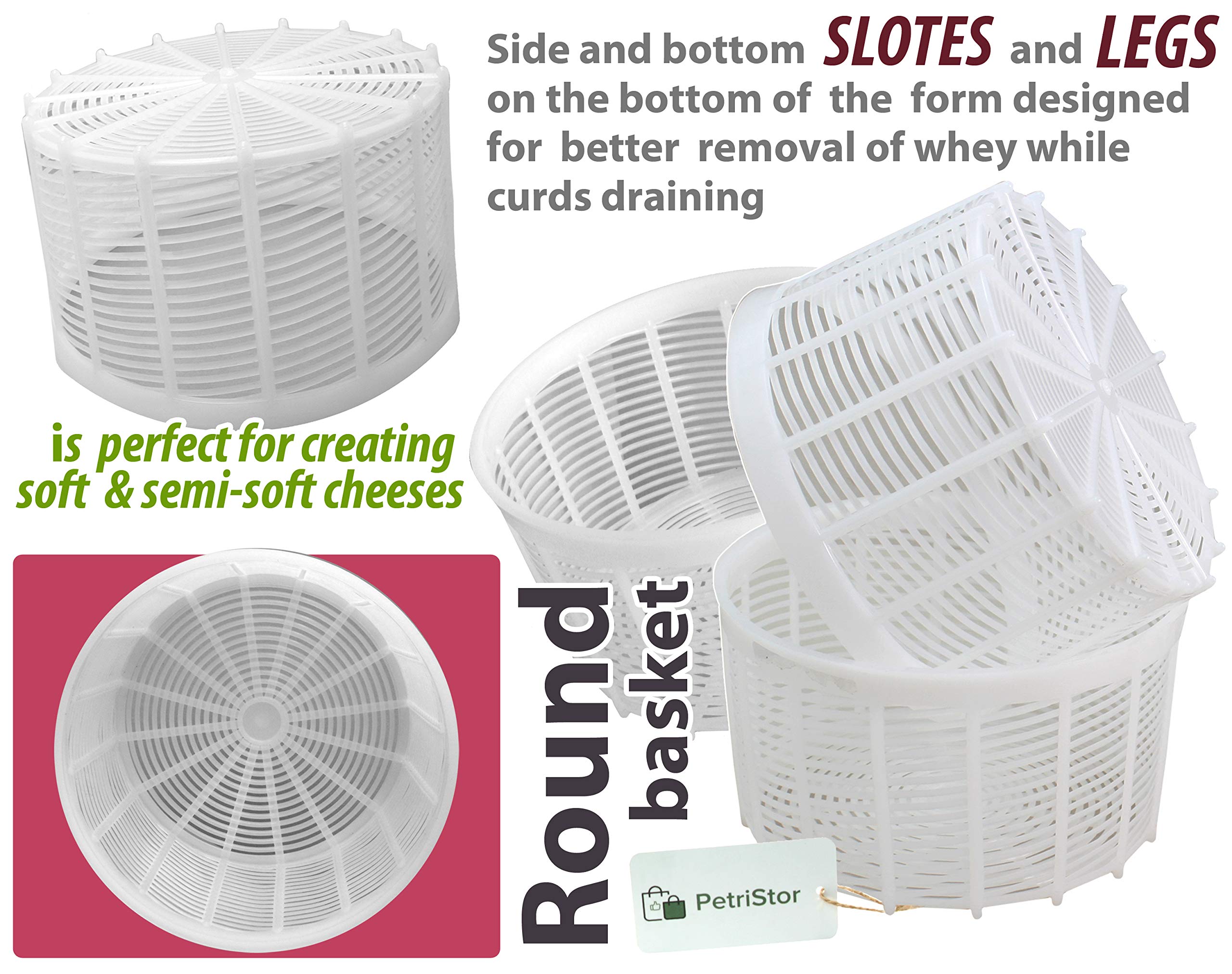 PetriStor 3-Piece Soft Cheese Mold Set for Homemade Cheese Making - 1.25QT Medium Cheese Basket Mold - Cream Cheese & Queso Fresco Form - Perfect for DIY Artisan Cheesemaking at Home